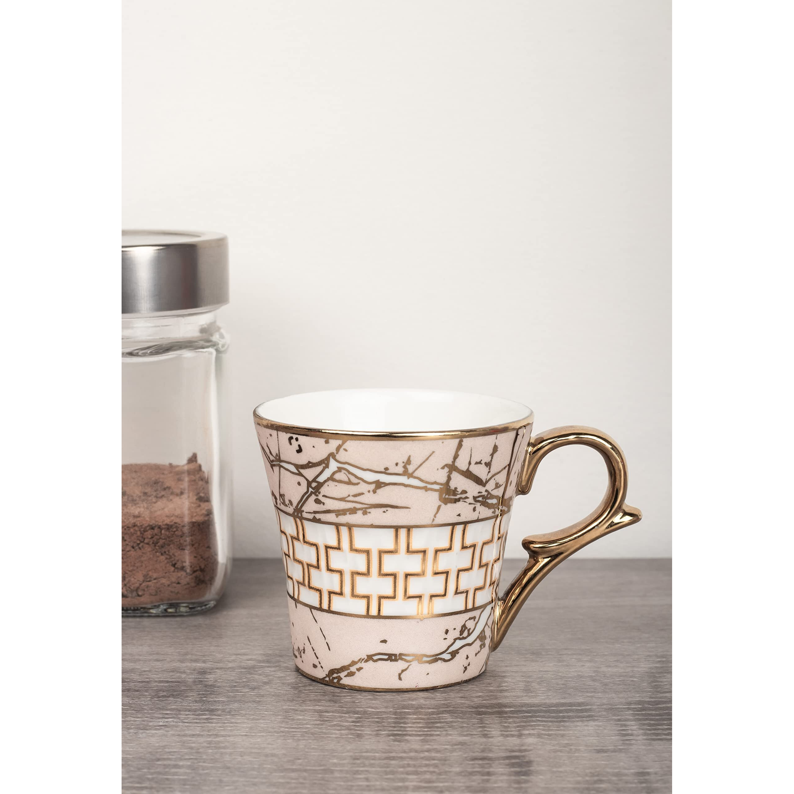 Femora Indian Ceramic Pink Gold Line Tea Cup - 6 Pcs, 155 Ml (Not Microwave Safe)