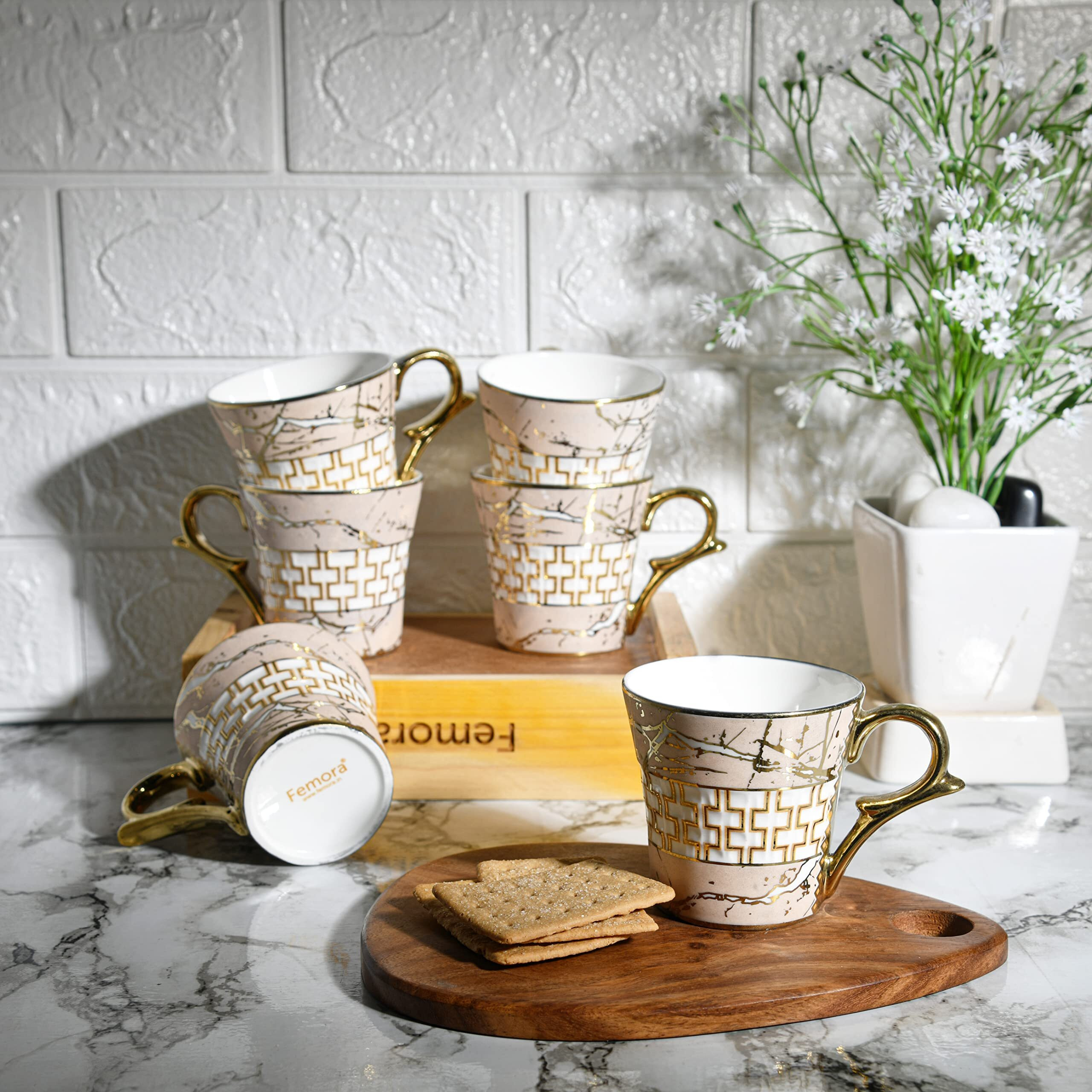 Femora Indian Ceramic Pink Gold Line Tea Cup - 6 Pcs, 155 Ml (Not Microwave Safe)