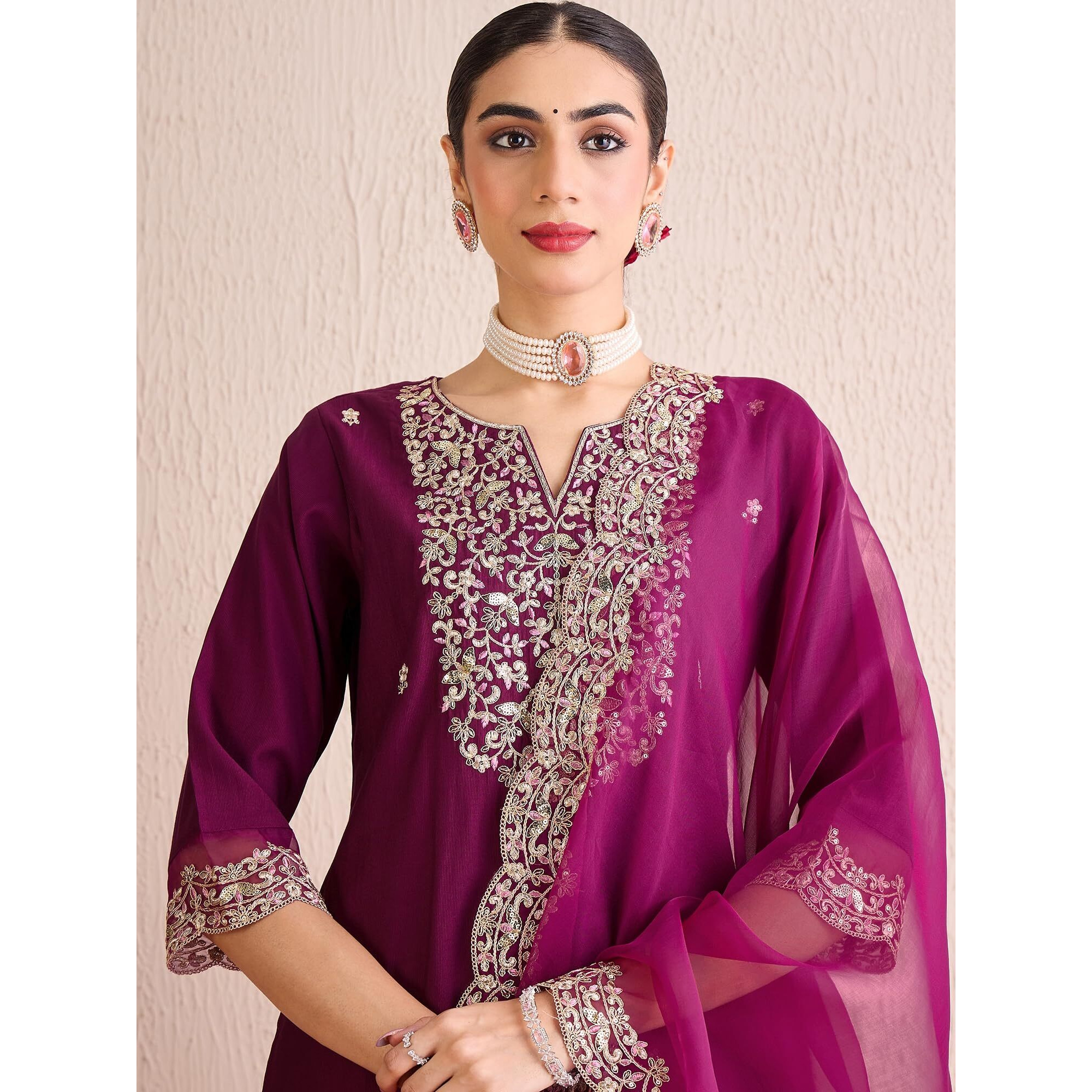 Indo Era Women's Purple Liva Embroidered Straight Kurta & Pant With Dupatta Set (Iestr9420_X-Small)