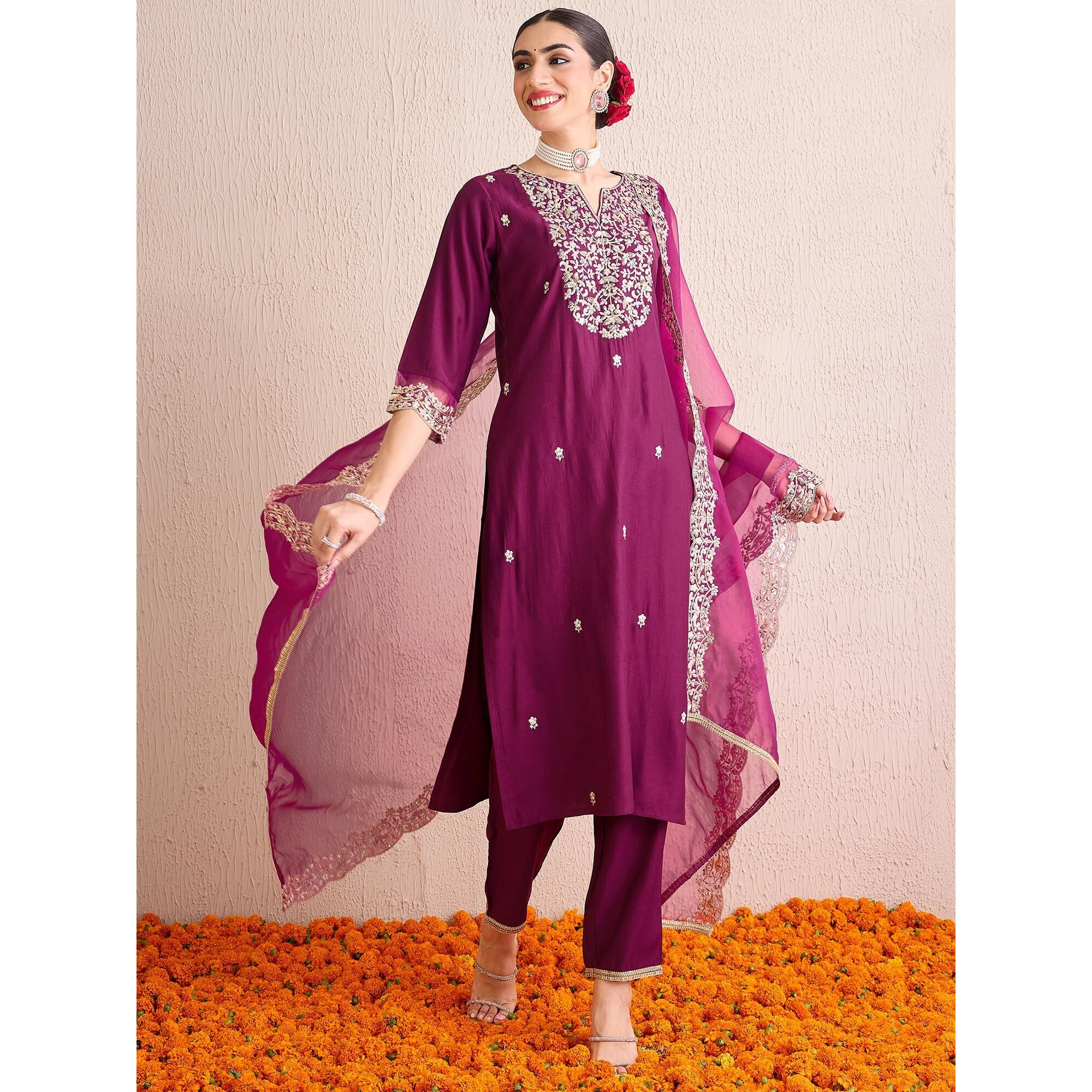 Indo Era Women's Purple Liva Embroidered Straight Kurta & Pant With Dupatta Set (Iestr9420_X-Small)