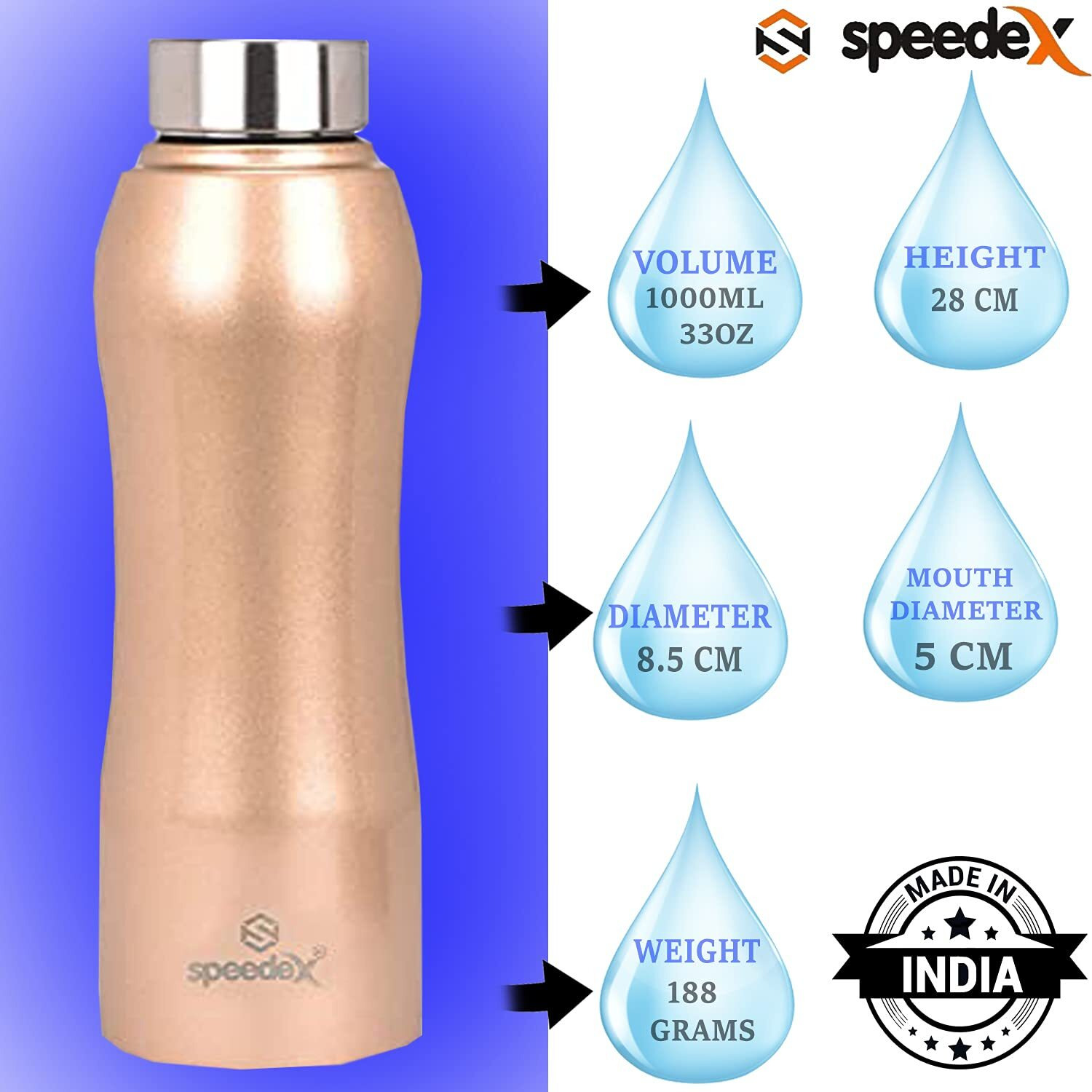 Speedex Stainless Steel Water Bottle 1 Ltr For School, Gym, Office Bottles 1 Litre For Boys, Girls, Men, Women, Kids, Fridge, Golden Colour, Set Of 3, Screw Cap