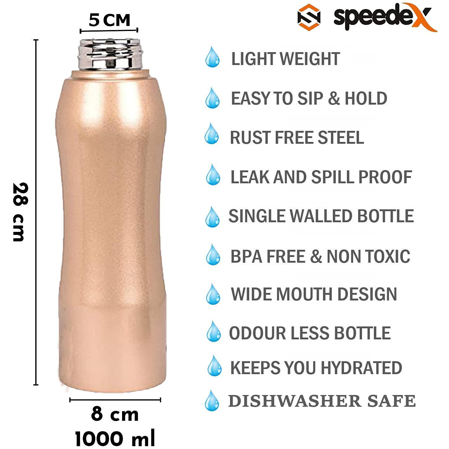 Speedex Stainless Steel Water Bottle 1 Ltr For School, Gym, Office Bottles 1 Litre For Boys, Girls, Men, Women, Kids, Fridge, Golden Colour, Set Of 3, Screw Cap