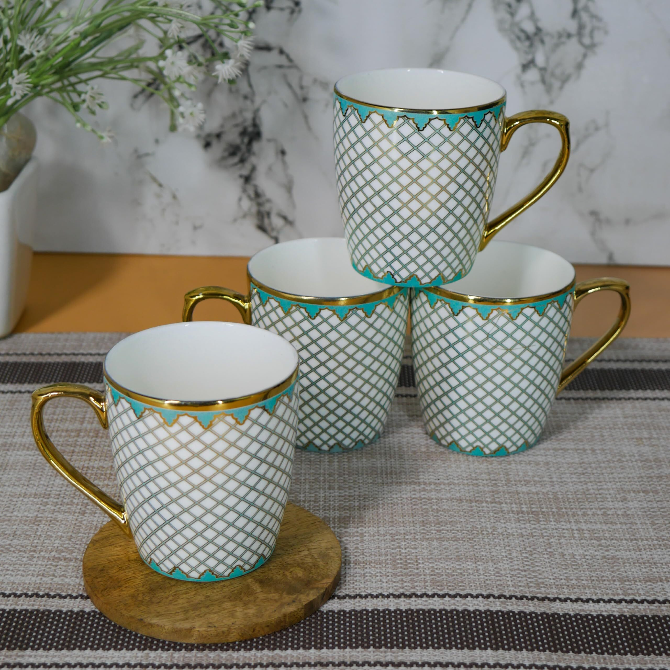 Femora Premium Gold Teal Mesh Pattern Design Ceramic Coffee & Tea Cup Set Of 4, 160 Ml