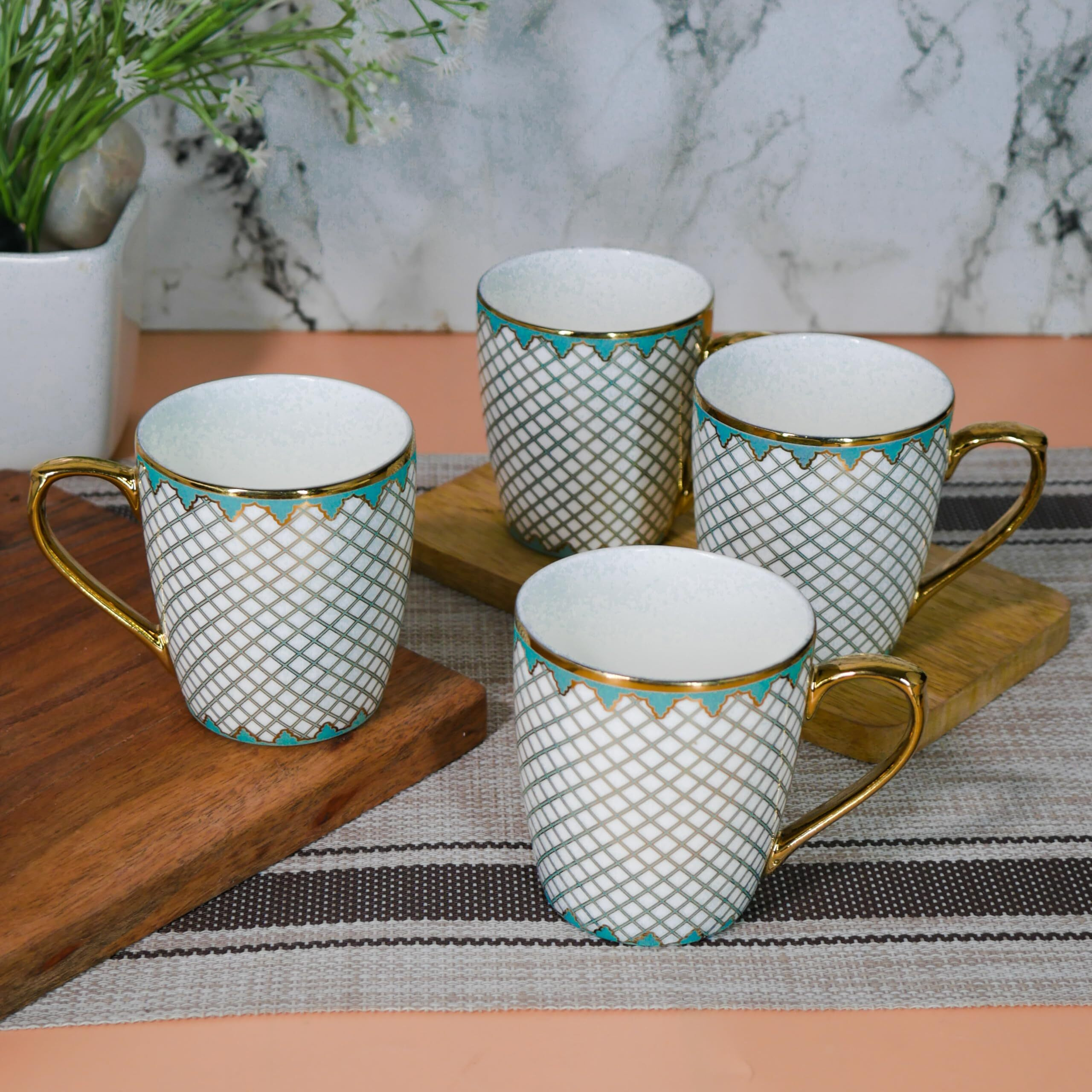 Femora Premium Gold Teal Mesh Pattern Design Ceramic Coffee & Tea Cup Set Of 4, 160 Ml
