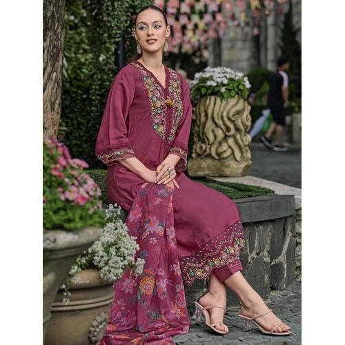 Indo Era Women's Pink Embroidered Silk Blend A-Line Kurta Pant With Dupatta Set (Ieout7378_Small)