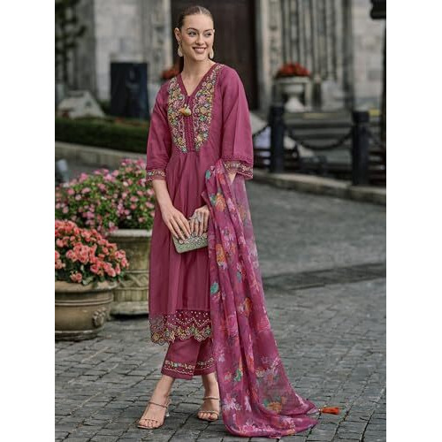 Indo Era Women's Pink Embroidered Silk Blend A-Line Kurta Pant With Dupatta Set (Ieout7378_Small)
