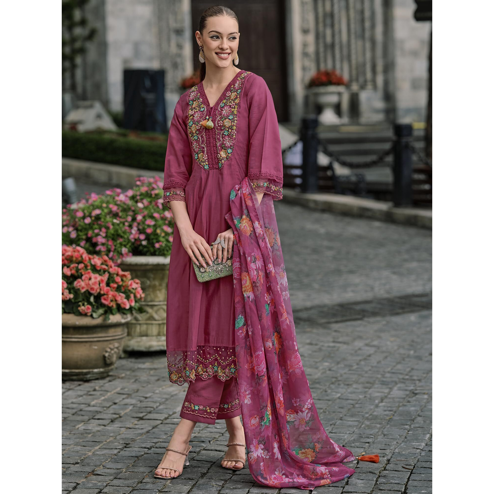 Indo Era Women's Pink Embroidered Silk Blend A-Line Kurta Trouser With Dupatta Set (Ieout7378_X-Small)