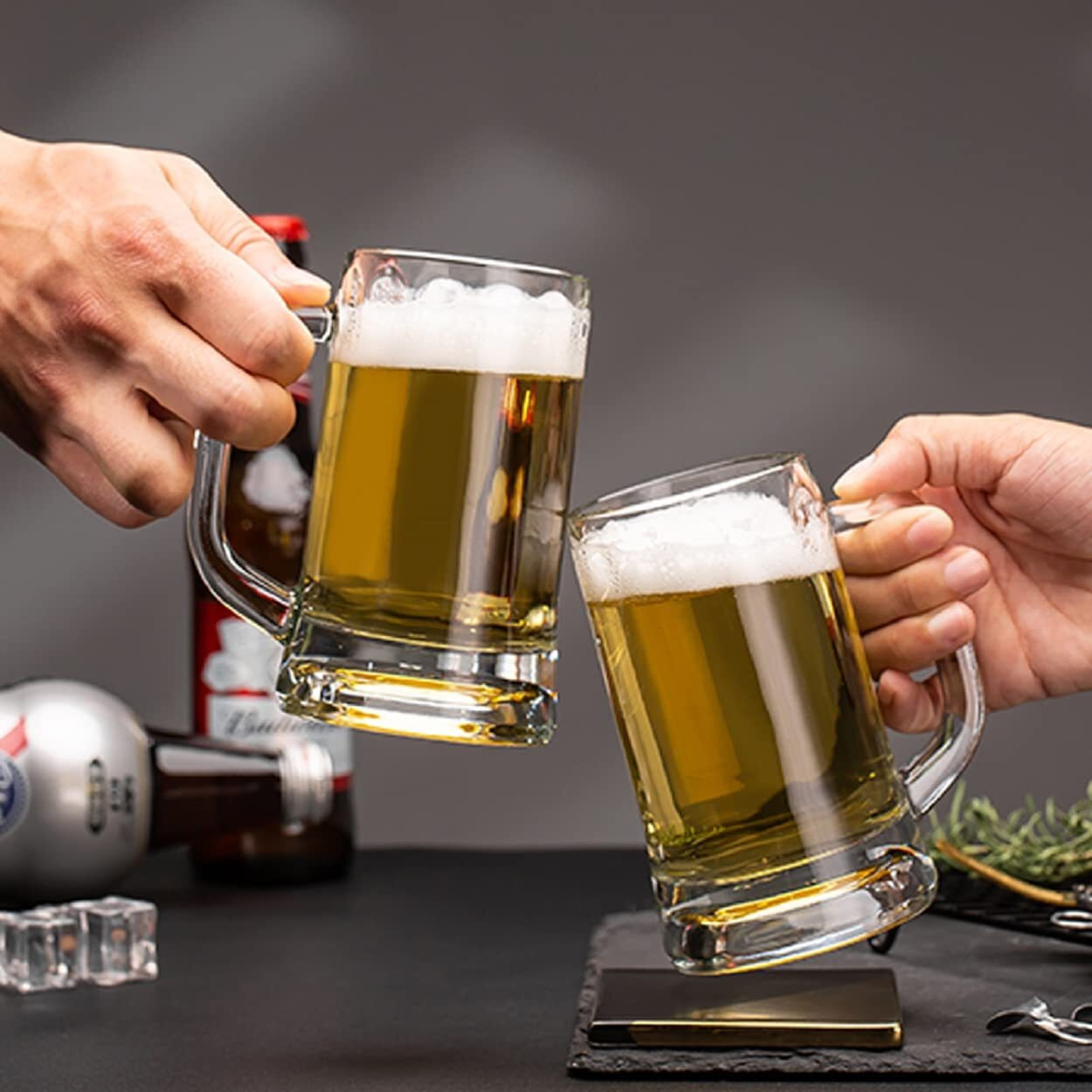 Vilon Italian Premium Solid Heavy Large Beer Mugs Set Of 6 With Handle, 360Ml, Transparent, Traditional Beer Mug Glasses Set, Perfect Coffee - Tea Glass, Everyday Drinking Glasses, Cocktail Glasses