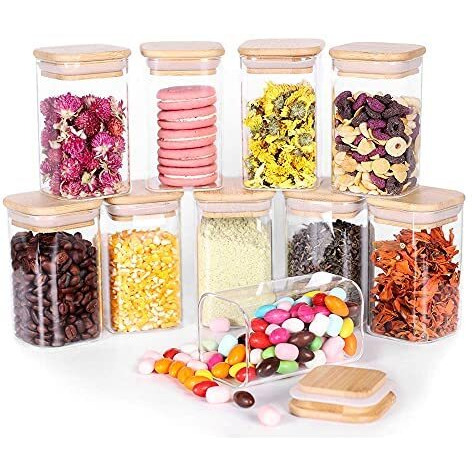 Brezzycloud 270Ml Glass Jars With Bamboo Wooden Airtight Lids,Set Of 9 Food Storage Containers For Home Kitchen,Tea,Sugar,Salt,Spices,Coffee,Flour,Herbs,Grains(270Ml,9 Pcs,Square Shape)Transparent