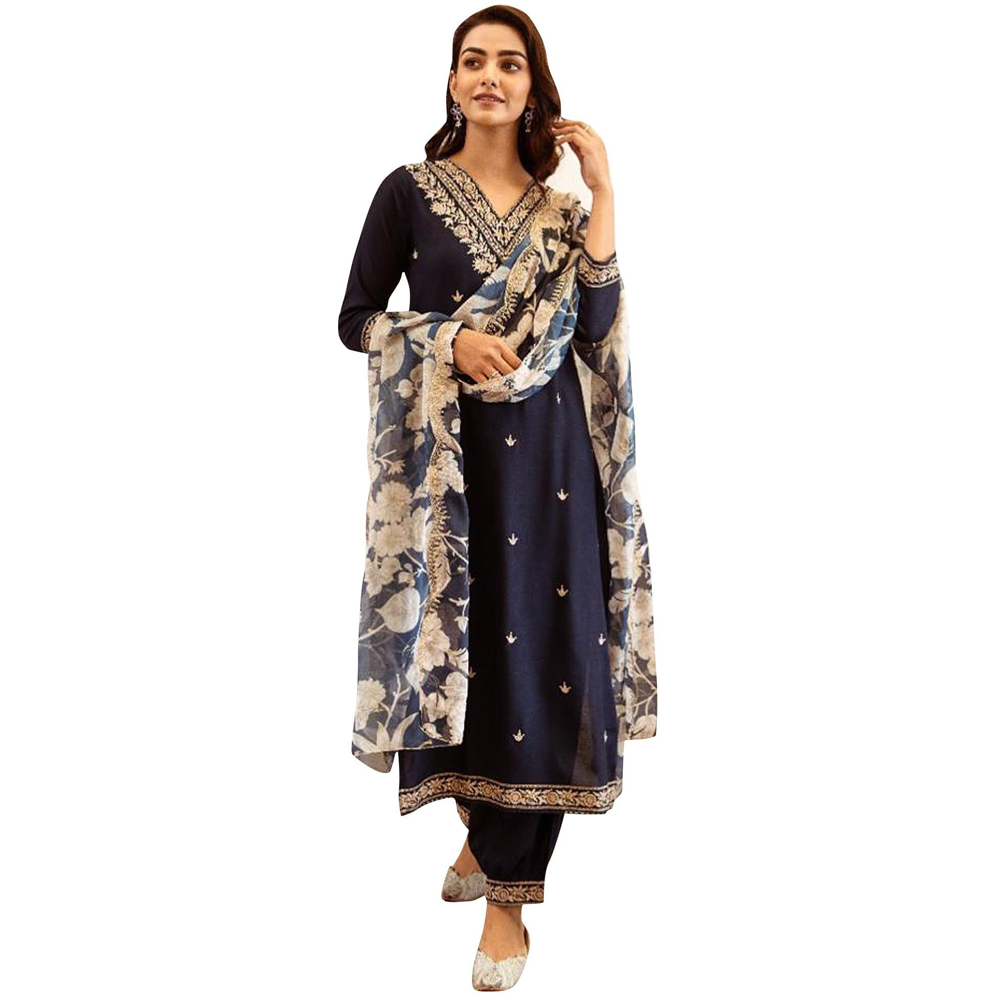 Indo Era Women's Navy Blue Viscose Rayon Embroidered Straight Kurta Pant With Dupatta Set (Ieout6939_X-Small)