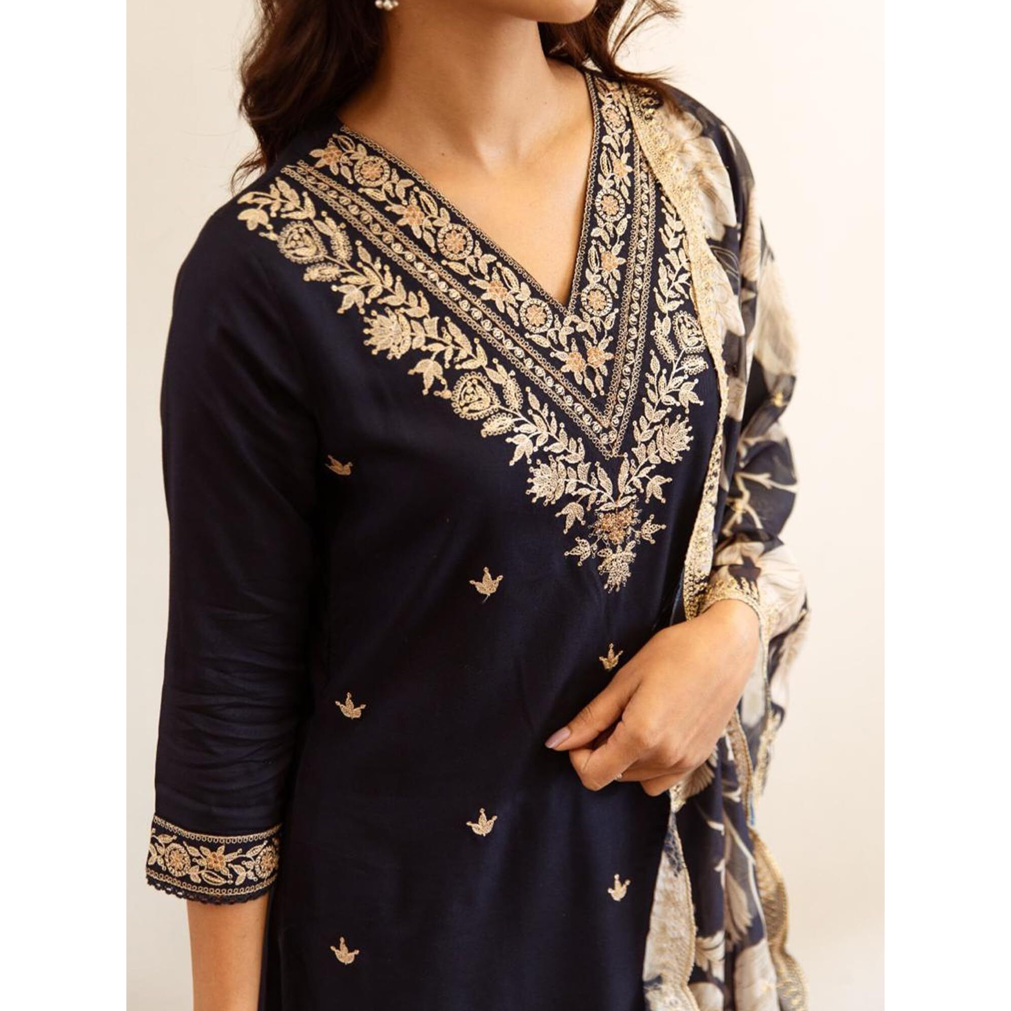 Indo Era Women's Navy Blue Viscose Rayon Embroidered Straight Kurta Pant With Dupatta Set (Ieout6939_X-Small)