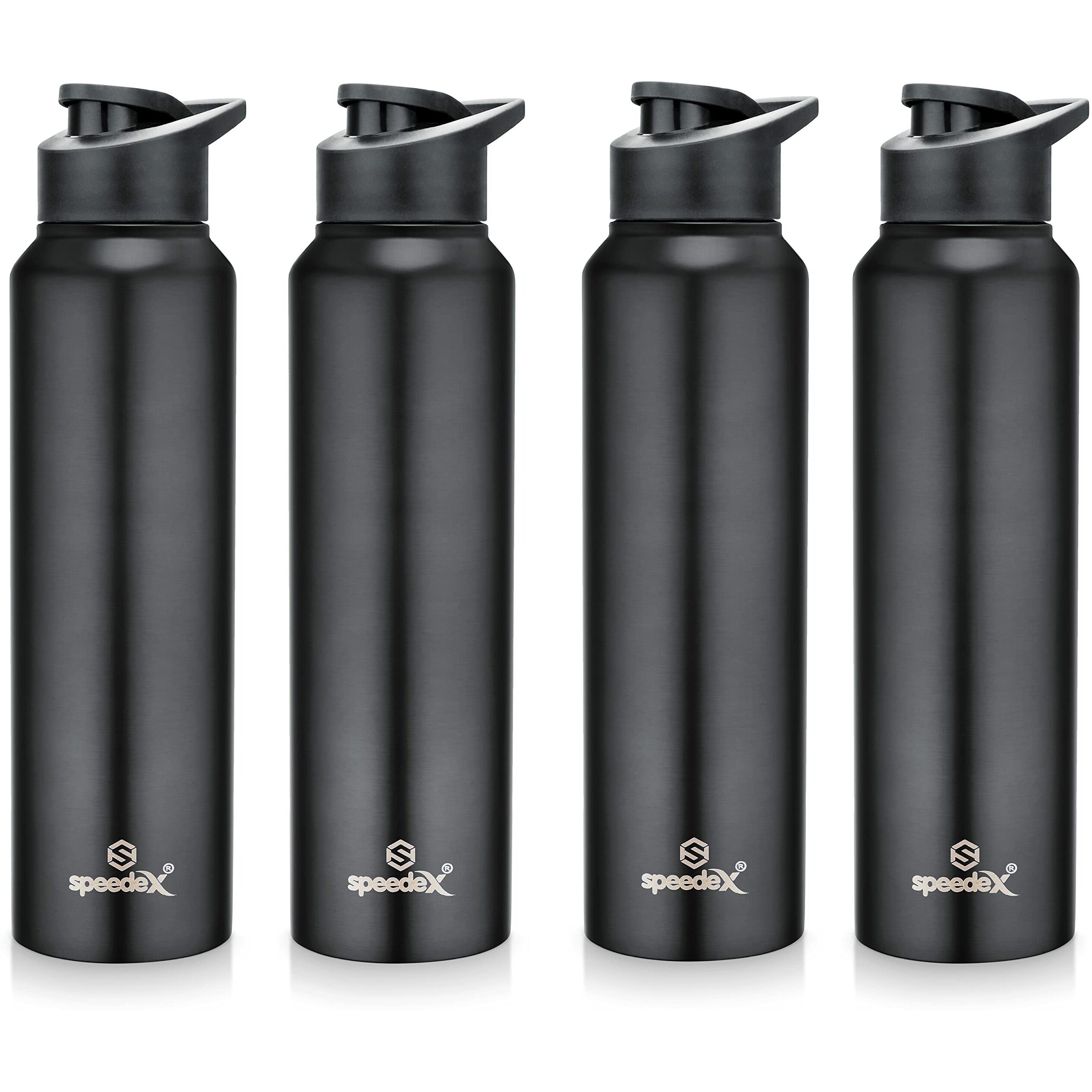 Speedex Stainless Steel Water Bottle 1 Ltr For Kids, Boys, Girls, 1 Litre Bottles For Gym, Sports, Fridge Use, School & Office - 1000Ml, Black Colour, Set Of 4, Sipper Cap