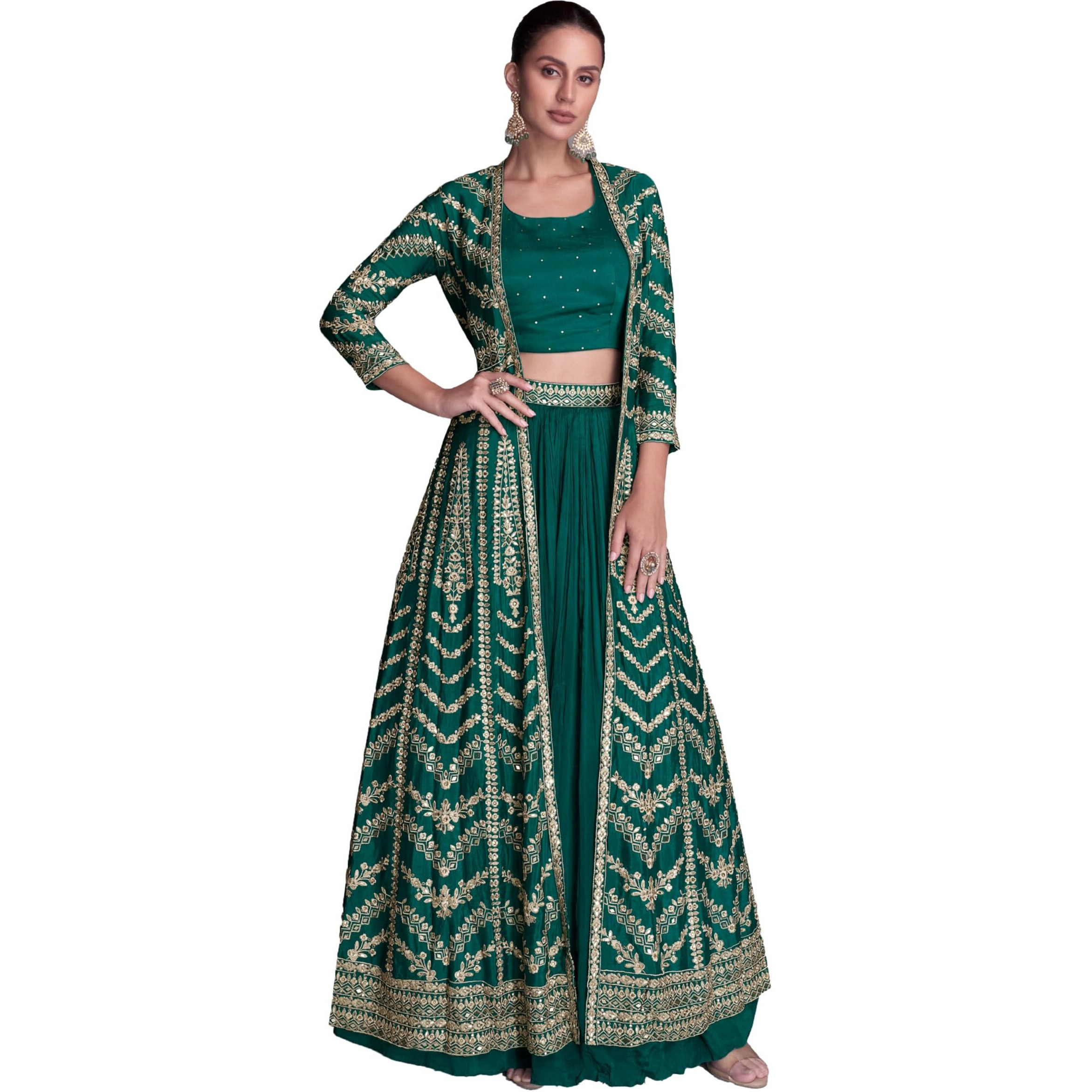 Miss Ethnik Women's Green Chinon Stitched Top With Stitched Bottom Full Sleeve Embroidered Choli With Jacket (Lehenga Choli With Jacket) (Me-1196-Green-L)