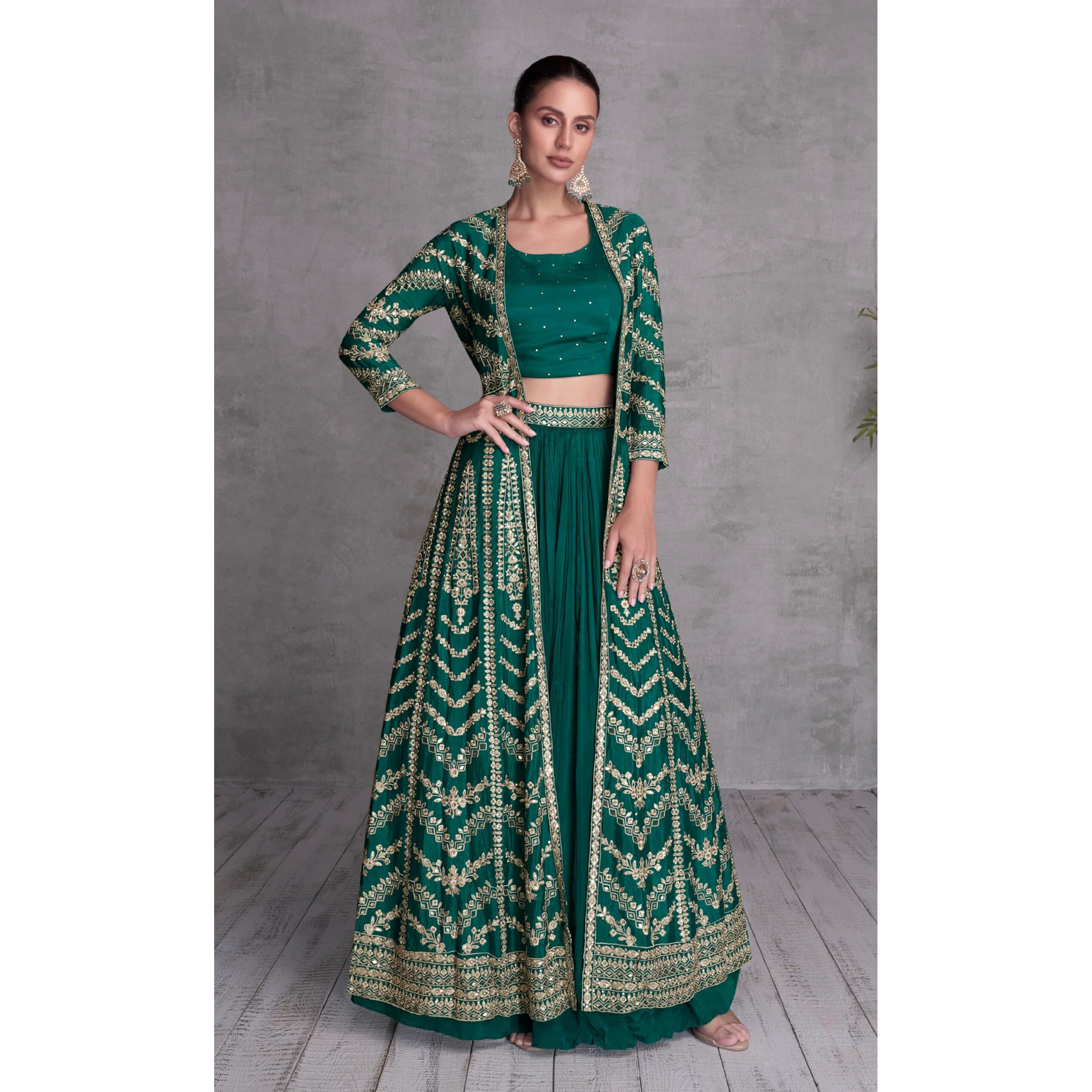 Miss Ethnik Women's Green Chinon Stitched Top With Stitched Bottom Full Sleeve Embroidered Choli With Jacket (Lehenga Choli With Jacket) (Me-1196-Green-L)