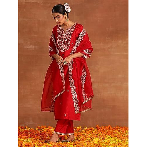 Indo Era Viscose Women's Red Embroidered Straight Kurta Palazzo With Dupatta Set (Ieout4697_Medium)