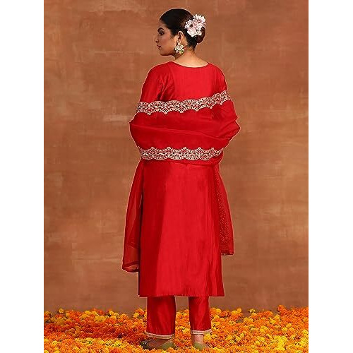 Indo Era Viscose Women's Red Embroidered Straight Kurta Palazzo With Dupatta Set (Ieout4697_Medium)