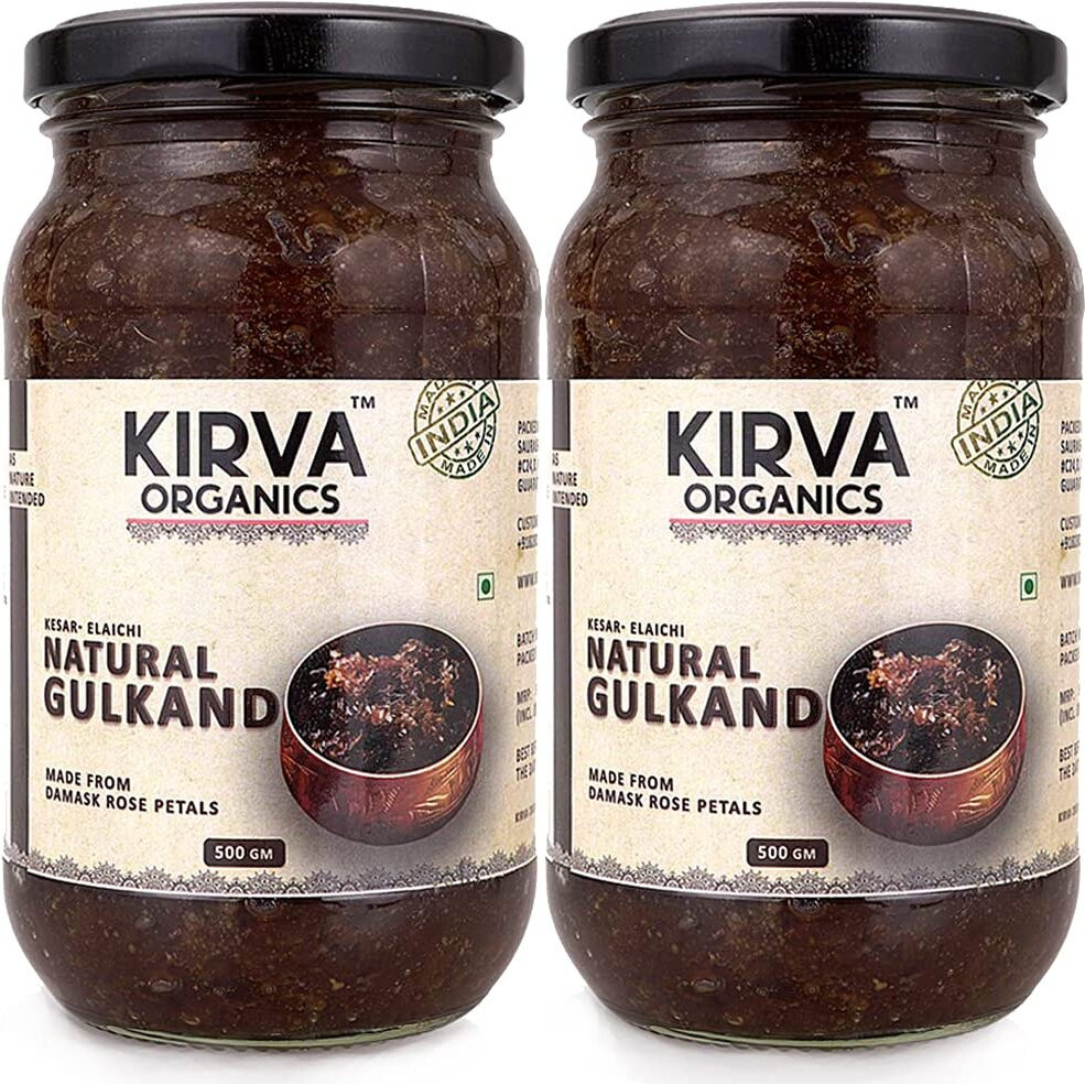 Kirva Organics Natural Gulkand | Pure Sun-Cooked Damask Rose Petals & Rock Sugar | Infused With Kesar & Elaichi | Ayurvedic Digestive & Natural Coolant | No Artificial Flavors | 500G Glass Jar (Pack Of 2)