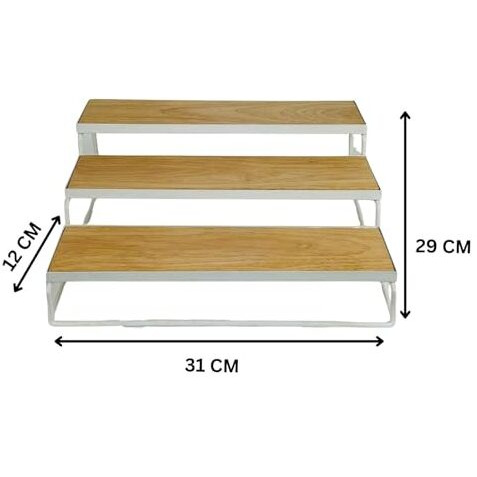 Go Hooked 3-Tier Wooden Shelf Organizers | Spices Organizer | Bathroom Essentials | Vanity Storage | Decorative Use | Cosmetic Makeup Storage | Metal Standing Rack (White)