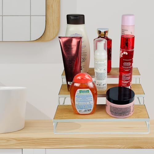 Go Hooked 3-Tier Wooden Shelf Organizers | Spices Organizer | Bathroom Essentials | Vanity Storage | Decorative Use | Cosmetic Makeup Storage | Metal Standing Rack (White)
