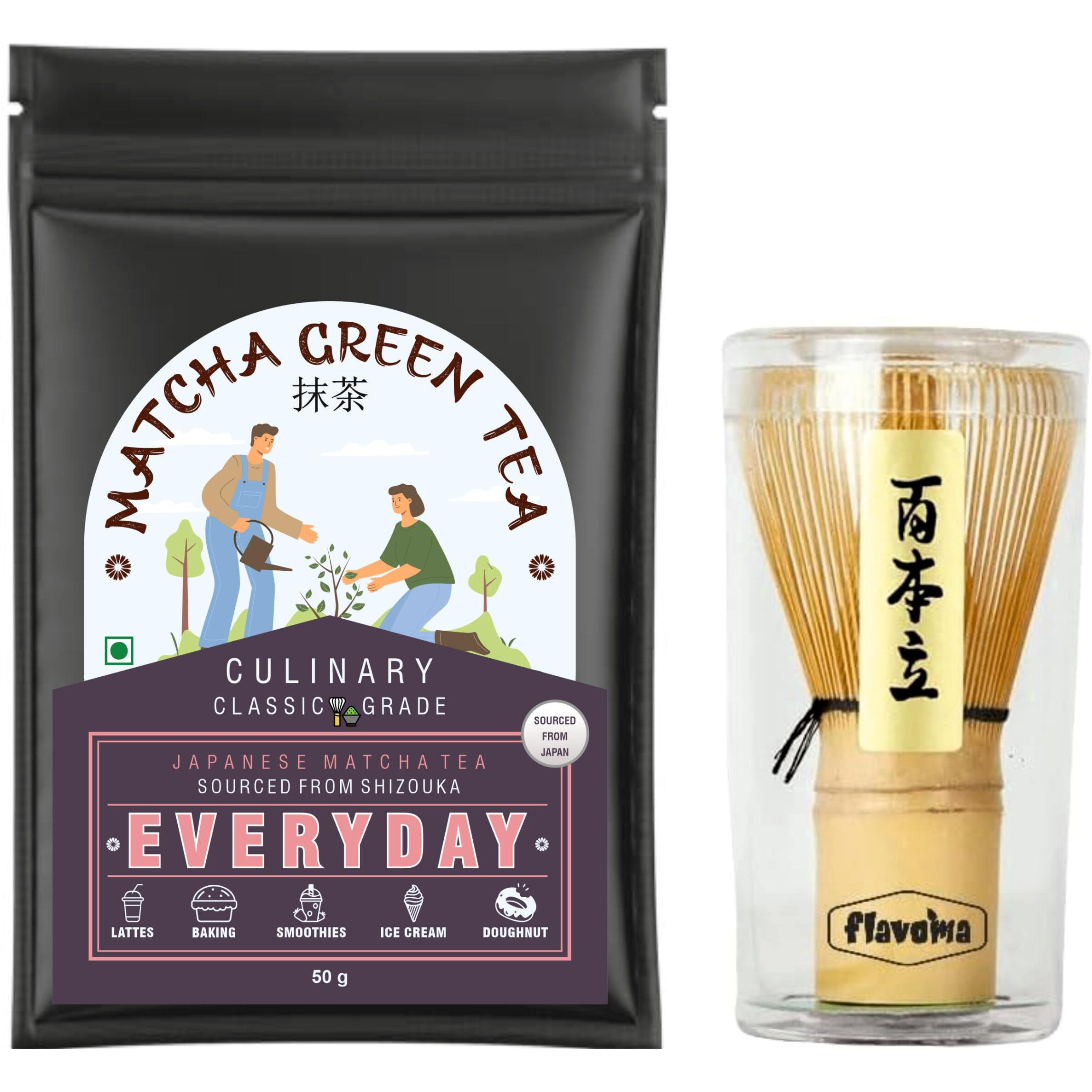 Flavoma Japanese Matcha Green Tea Powder (50G) 25 Servings | Sourced From Shizouka Japan + Japanese Handmade Bamboo Whisk/Chasen/Brush - The Perfect Set To Prepare A Traditional Cup Of Matcha (Culinary Grade)