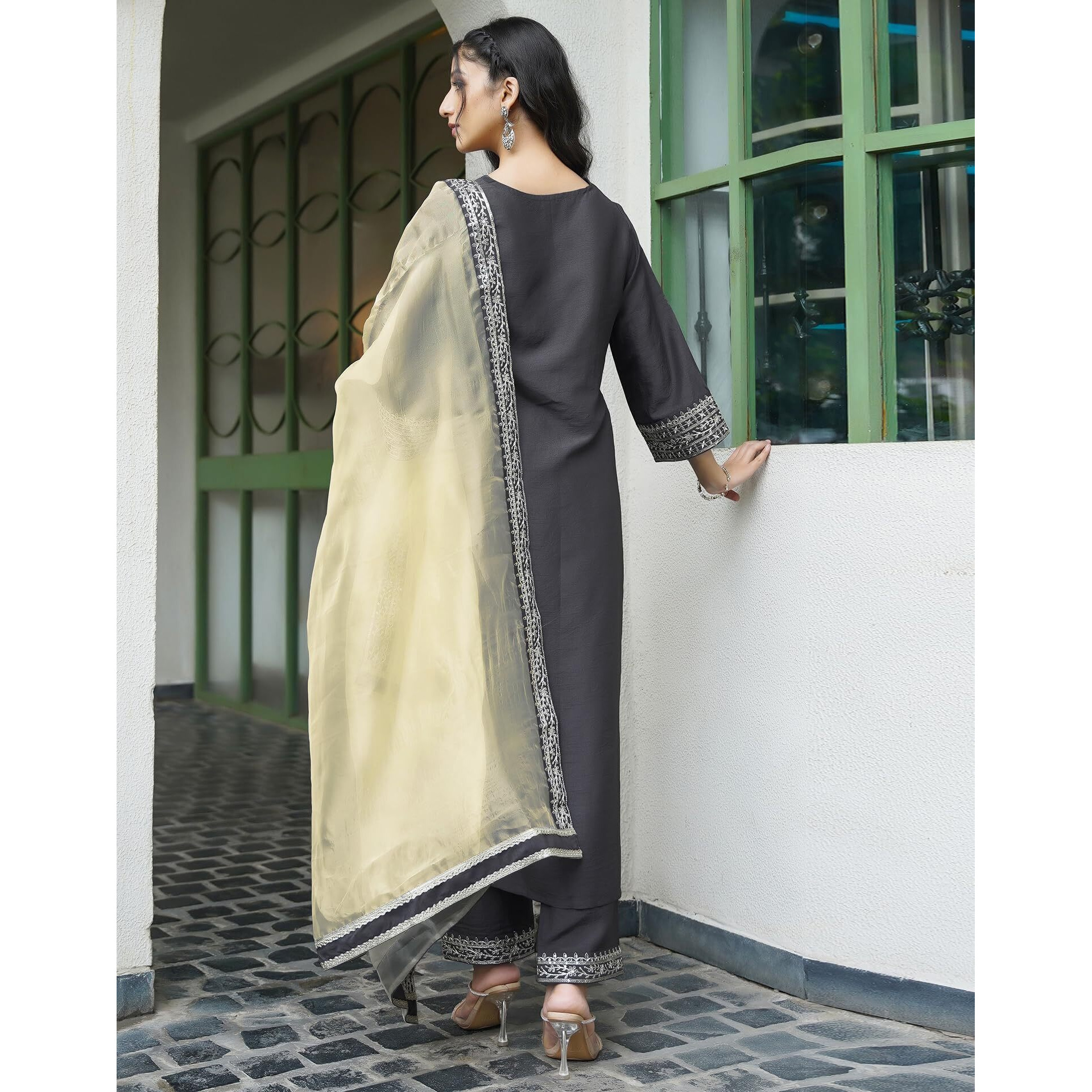 Siril Women's Silk Embroidered Regular Fit Straight Kurta Pant With Dupatta Set (104Kbd1139-M_Grey), Medium