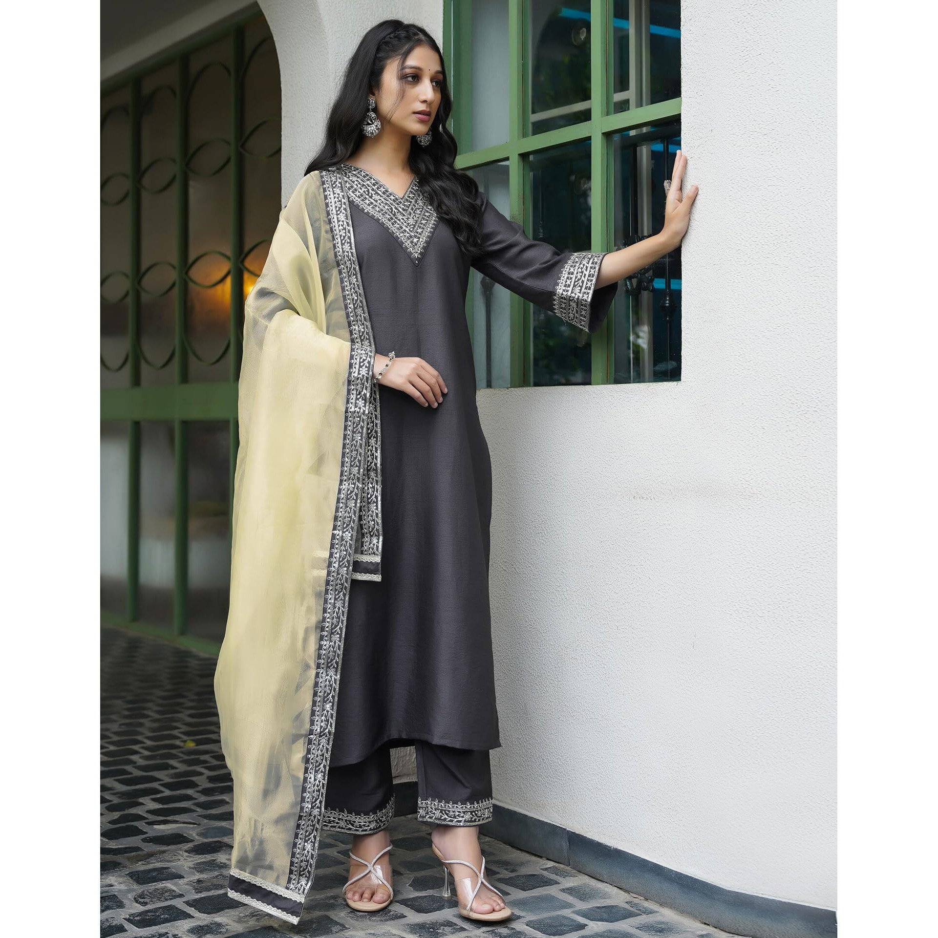 Siril Women's Silk Embroidered Regular Fit Straight Kurta Pant With Dupatta Set (104Kbd1139-M_Grey), Medium