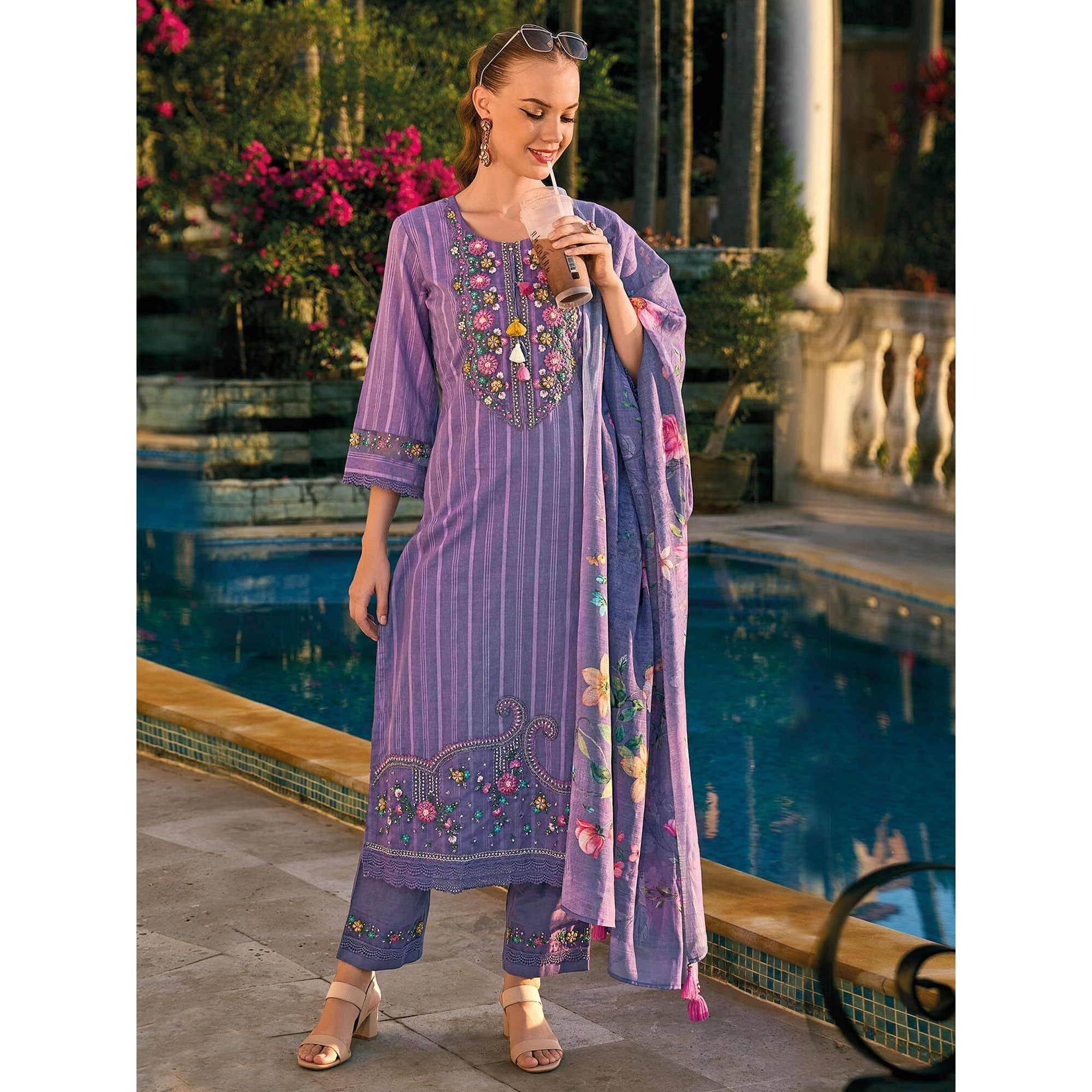 Indo Era Women's Cotton Purple Embroidered Floral Straight Kurti Pant And Dupatta Set (Kh0Pr6228_Medium)