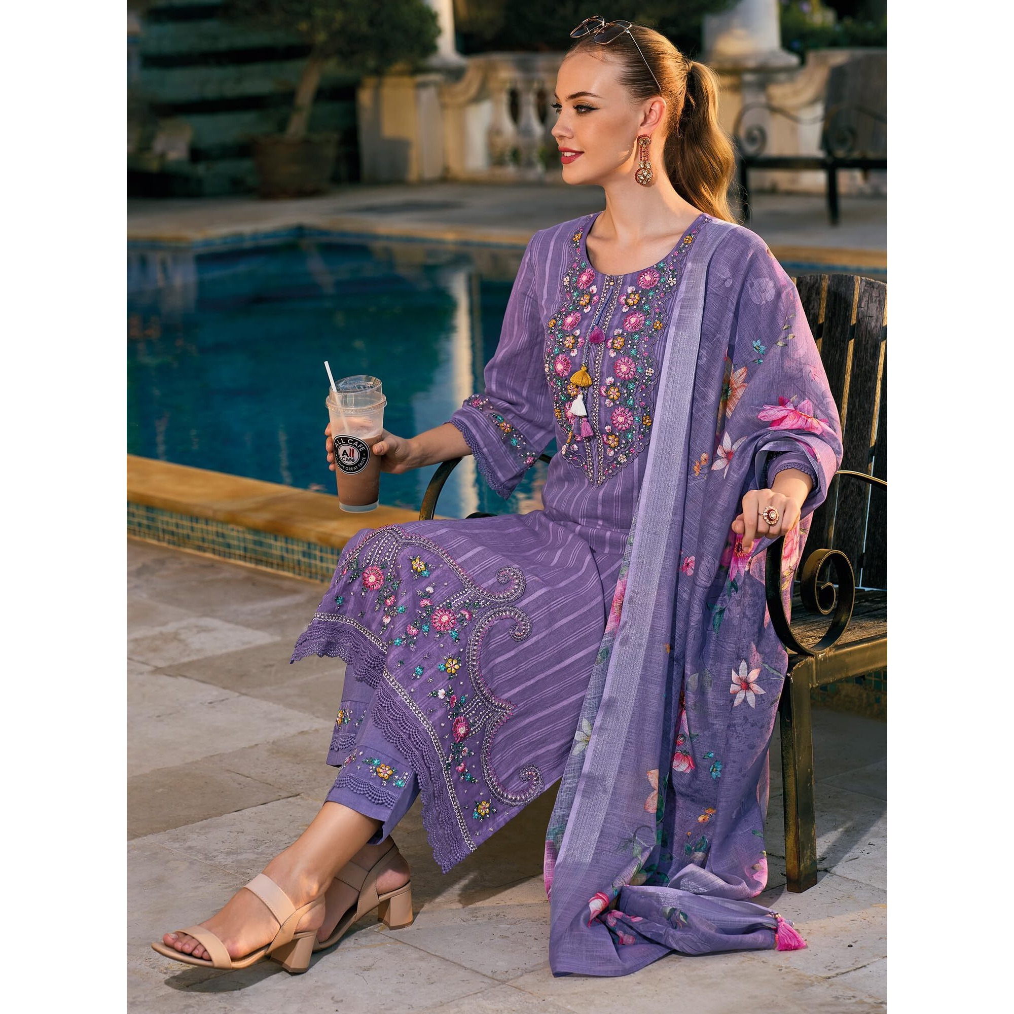 Indo Era Women's Cotton Purple Embroidered Floral Straight Kurti Pant And Dupatta Set (Kh0Pr6228_Medium)