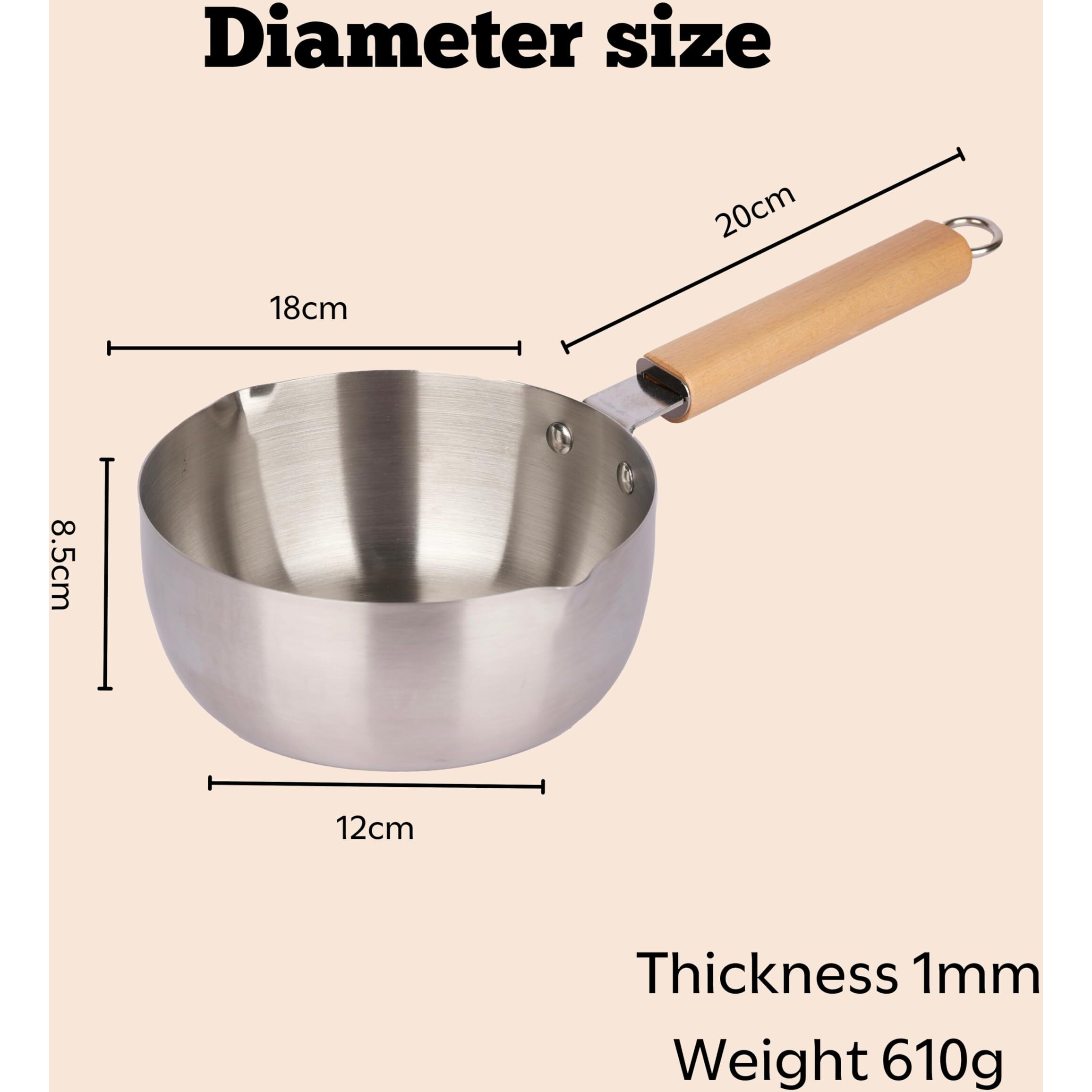 Dayanidhi Stainless Steel Milkpan With Wooden Handle | 1.8L Boiling Pan For Tea, Coffee, Milk, Water, Sauce & Noodles | Gas Stove & Induction Compatible | Japanese Style Pan (1 Piece)
