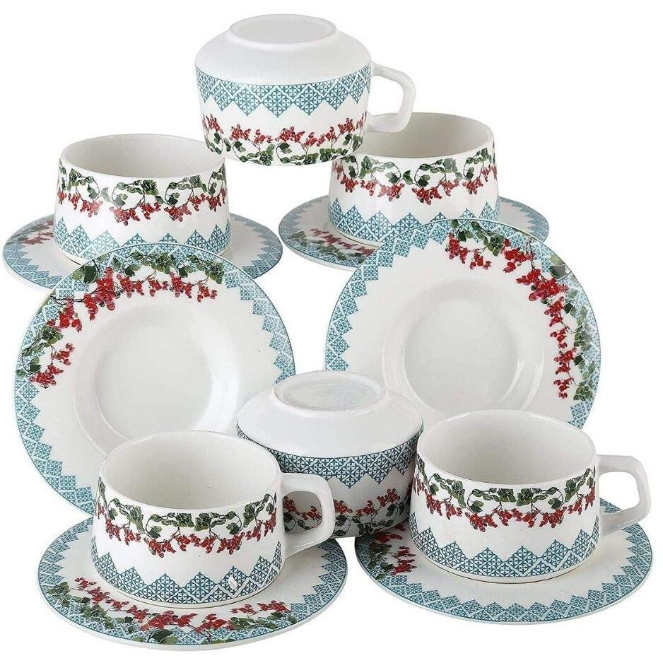 Femora Ceramic Flora Series Cup And Saucer Set Of 12 Pcs | Tea/Coffee Cups 200 Ml | Microwave & Dishwasher Safe | Bone-Ash Free | Crockery Set Ideal For Daily Use & Gifting, White