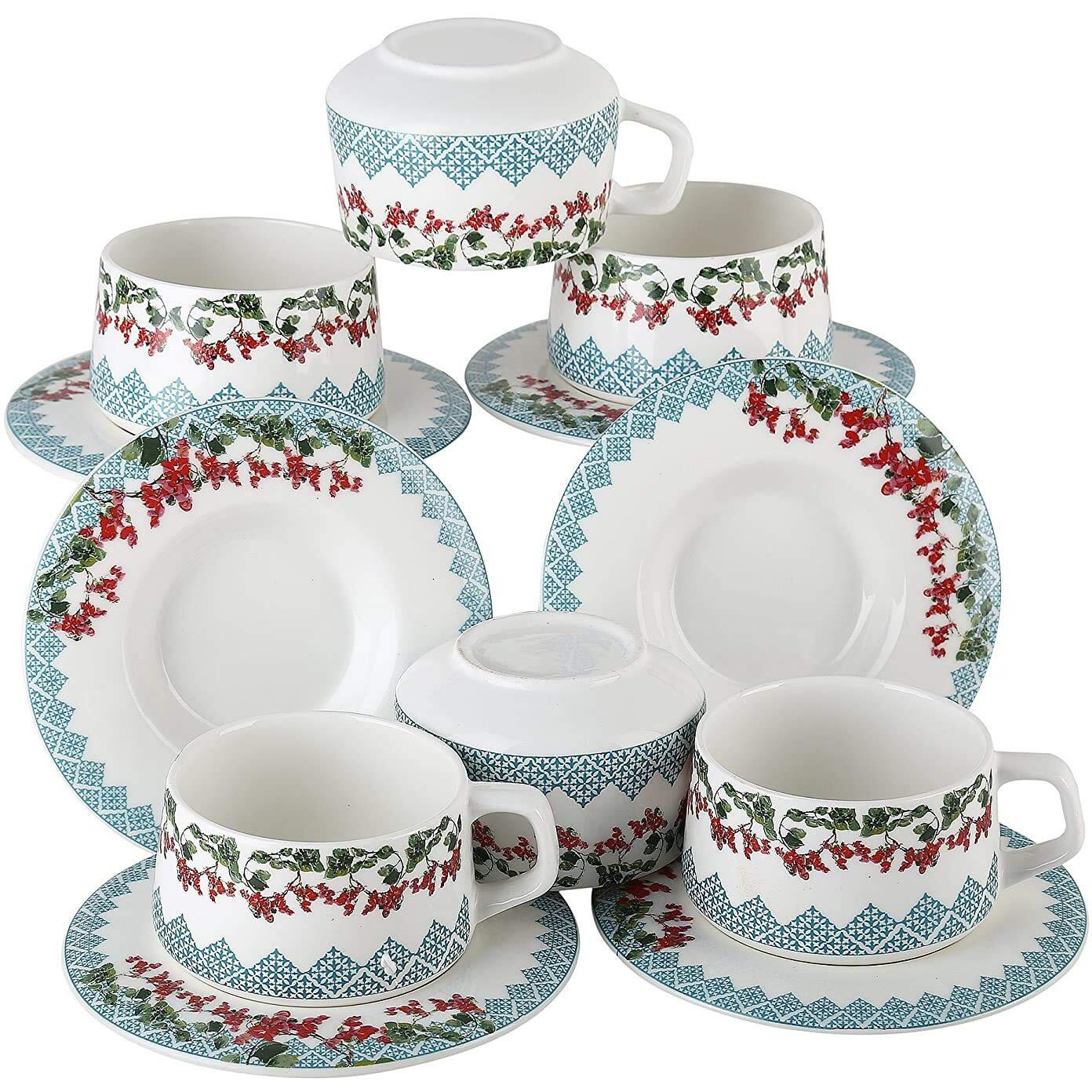 Femora Ceramic Flora Series Cup And Saucer Set Of 12 Pcs | Tea/Coffee Cups 200 Ml | Microwave & Dishwasher Safe | Bone-Ash Free | Crockery Set Ideal For Daily Use & Gifting, White