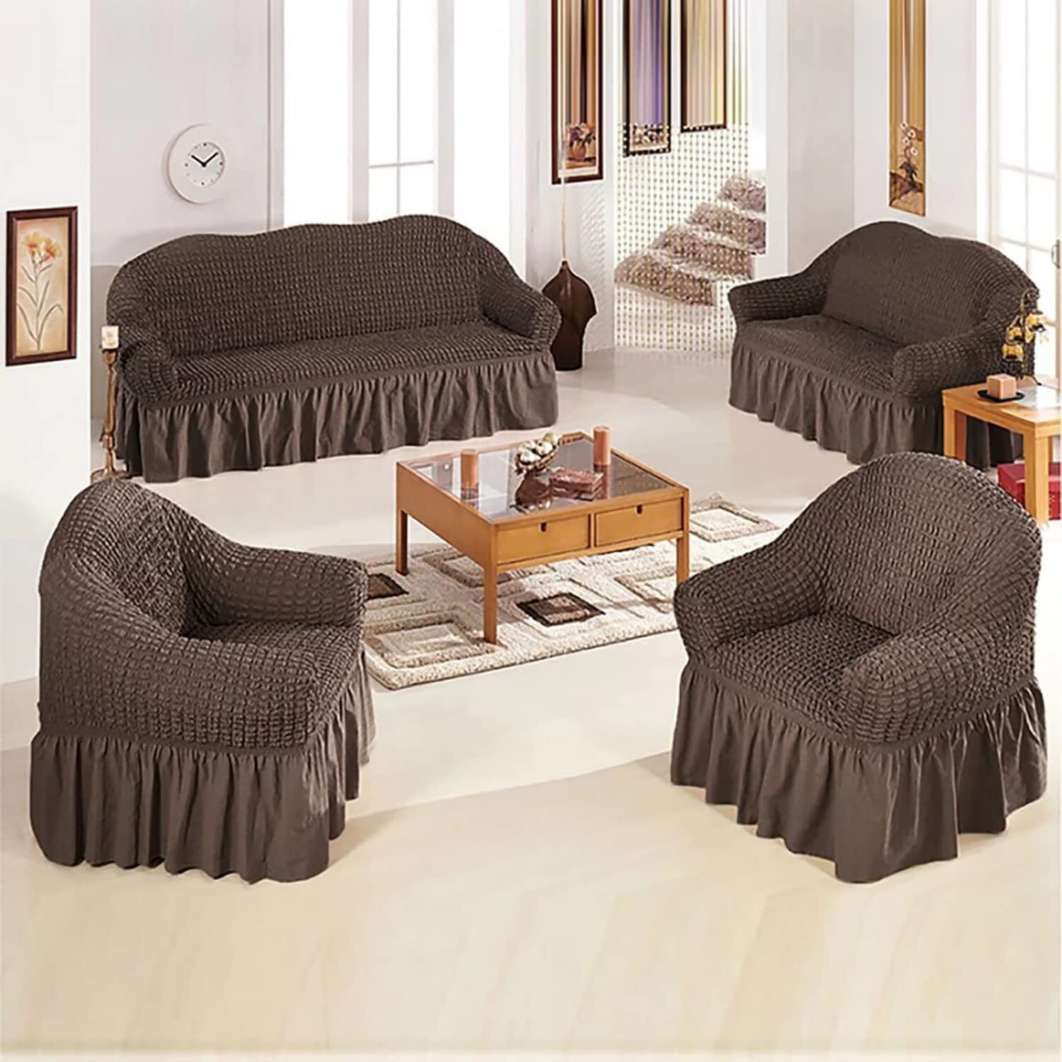 House Of Quirk Turkish Bubble Frill 280 Gsm Sofa Slipcovers, Durable Washable Universal Triple Seater High Elastic Furniture Protector (Coffee, 185-230Cm)