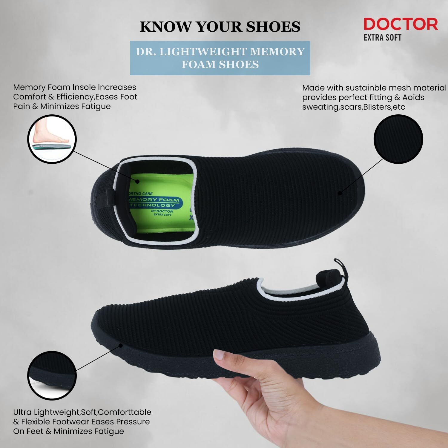 Doctor Extra Soft Lightweight Memory Foam Women's Shoes | Walking, Gym, Training, Running, Casual, Sports, Athletics| Stylish, Slip-On, Loafers, Lace-Up, Sneaker For Ladies & Girls D-1004, Black