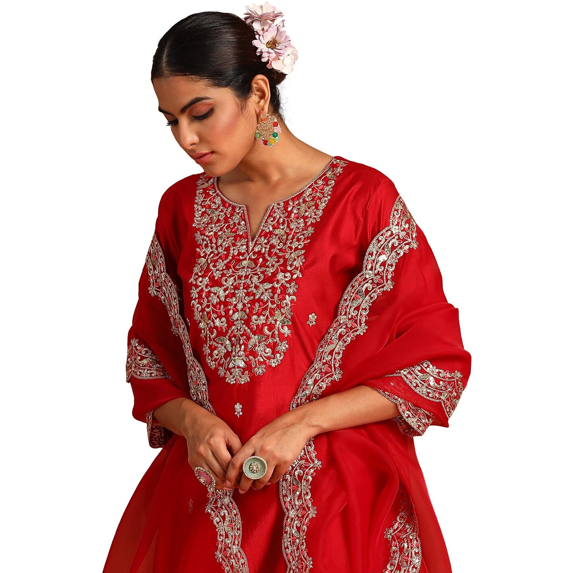 Indo Era Women's Red Embroidered Straight Kurta & Pant With Dupatta Set (Ieout4697_X-Large)