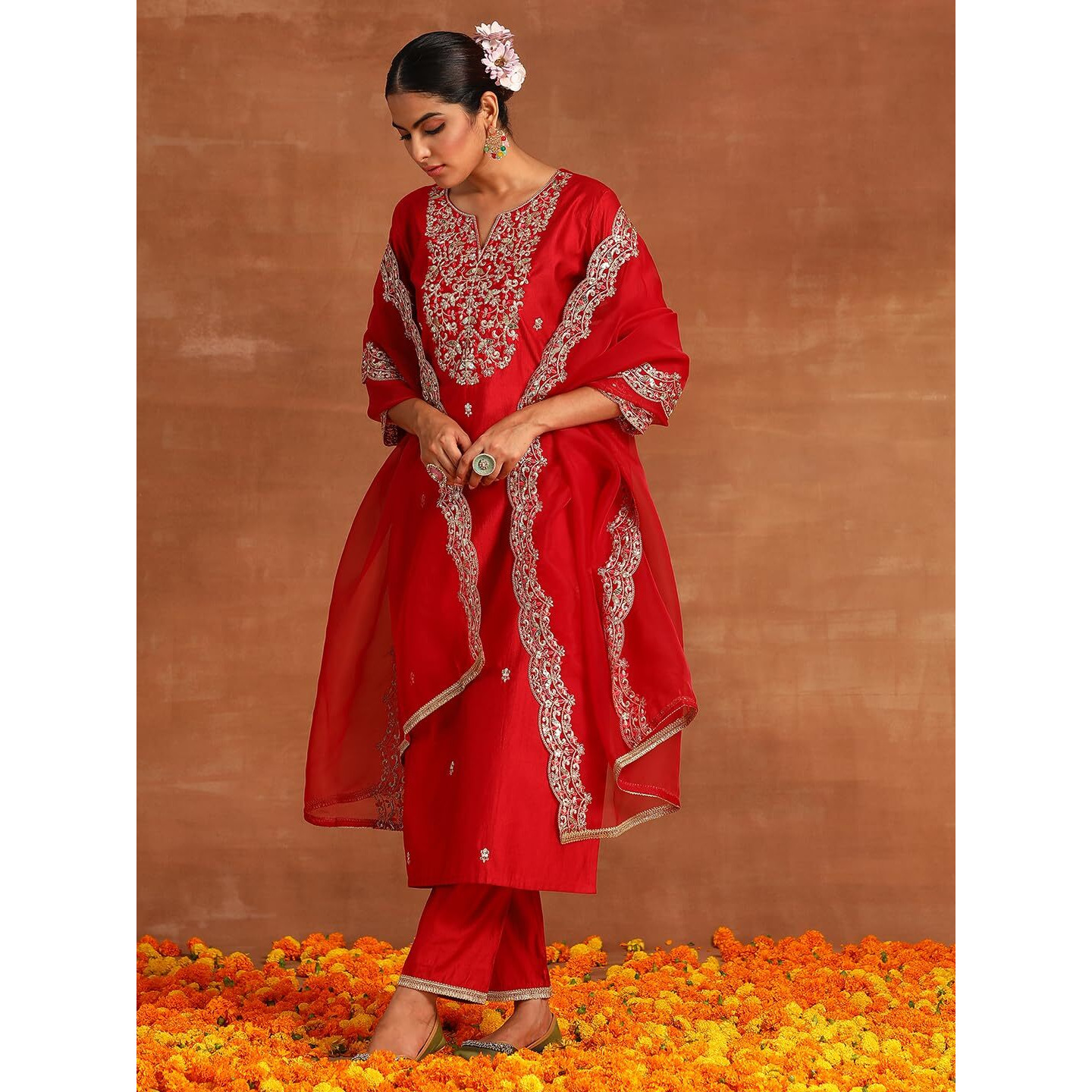 Indo Era Women's Red Embroidered Straight Kurta & Pant With Dupatta Set (Ieout4697_X-Large)