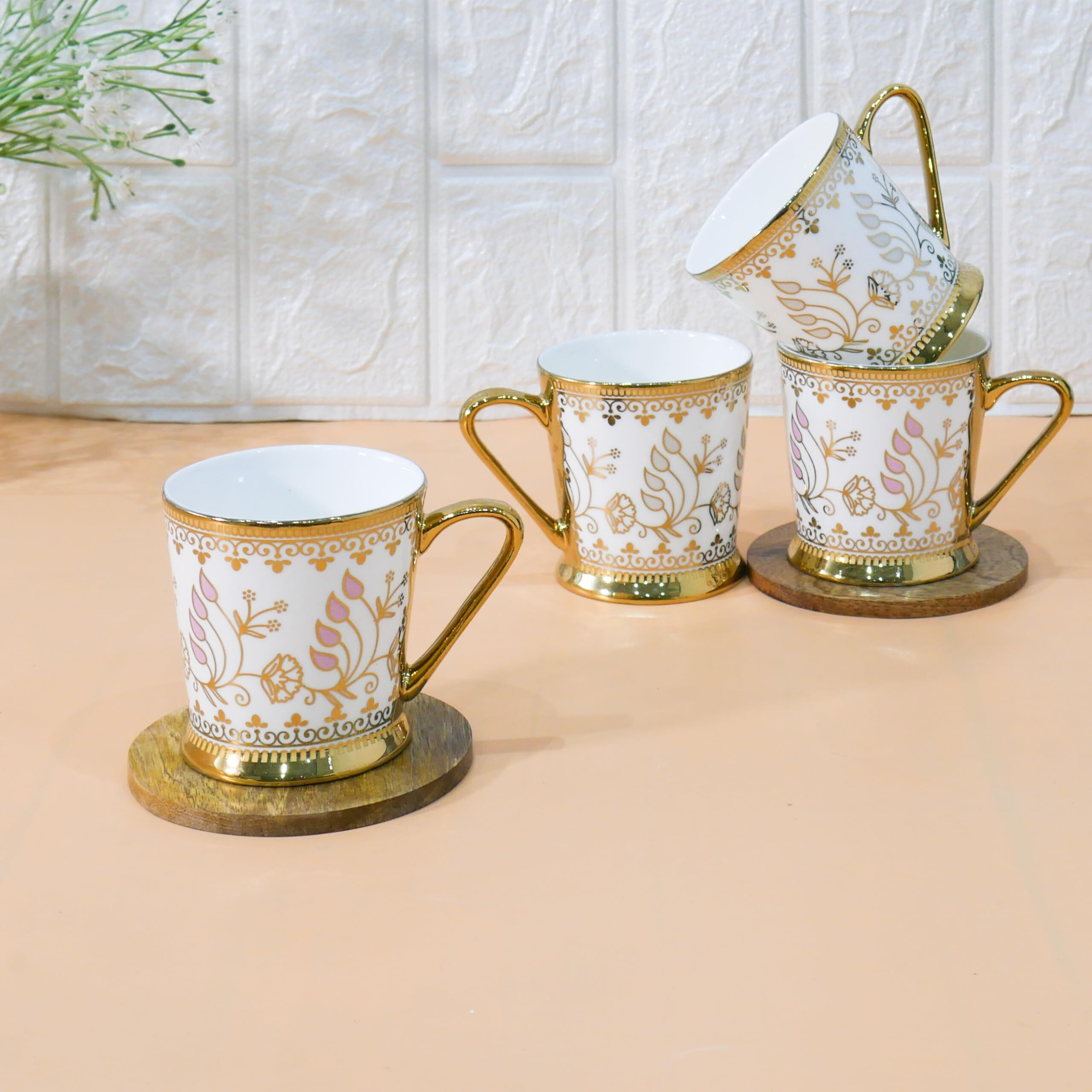 Femora Premium Rose Gold Golden Leaf Ceramic Coffee & Tea Cup Set Of 4, 160 Ml