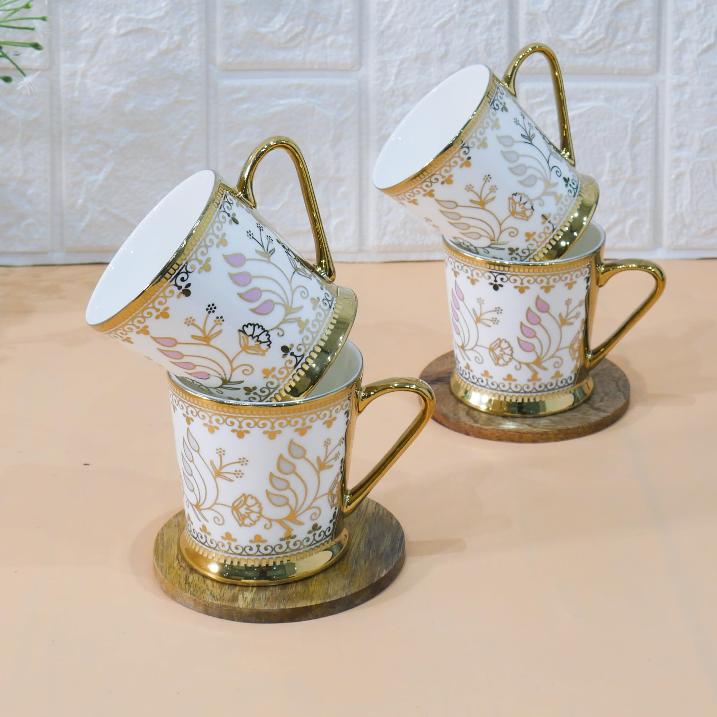 Femora Premium Rose Gold Golden Leaf Ceramic Coffee & Tea Cup Set Of 4, 160 Ml