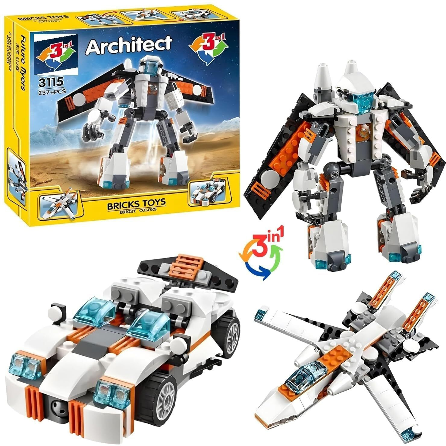 Galaxy Hi-Tech 3 In 1 Architect Brick Toys 237+ Pieces Building Block - Space Astronaut Theme Blocks And Bricks - Robot, Car, Aircraft Educational Engineering Construction Learning Toy For Kids