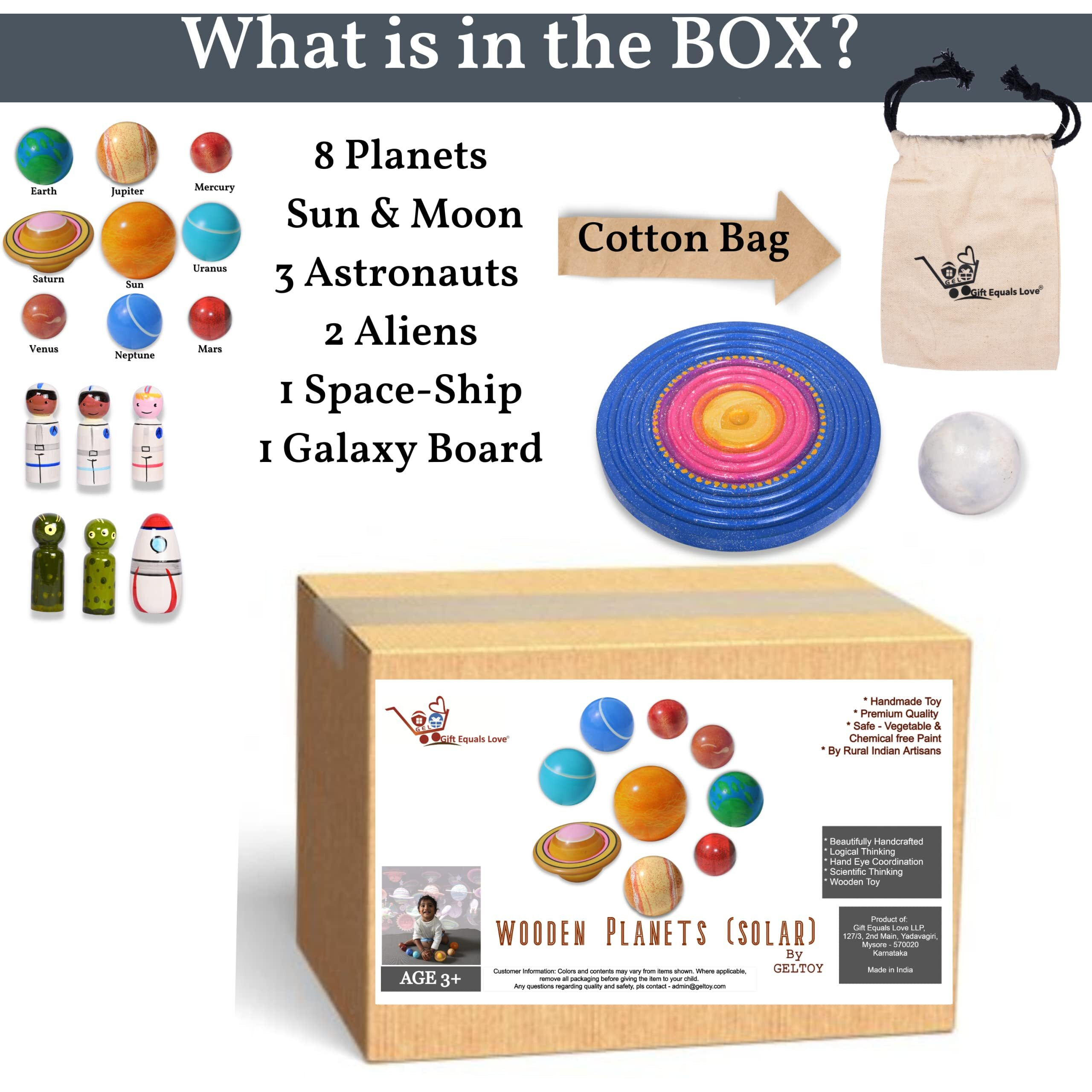 Gift Equals Love Wooden Planets Solar System 3D Model Toys Set Science Learning Educational Galaxy Board Toy With Alien Austronuts Spaceship For Kids Age 3+ (Planets, Galaxy, Astronauts & Aliens)