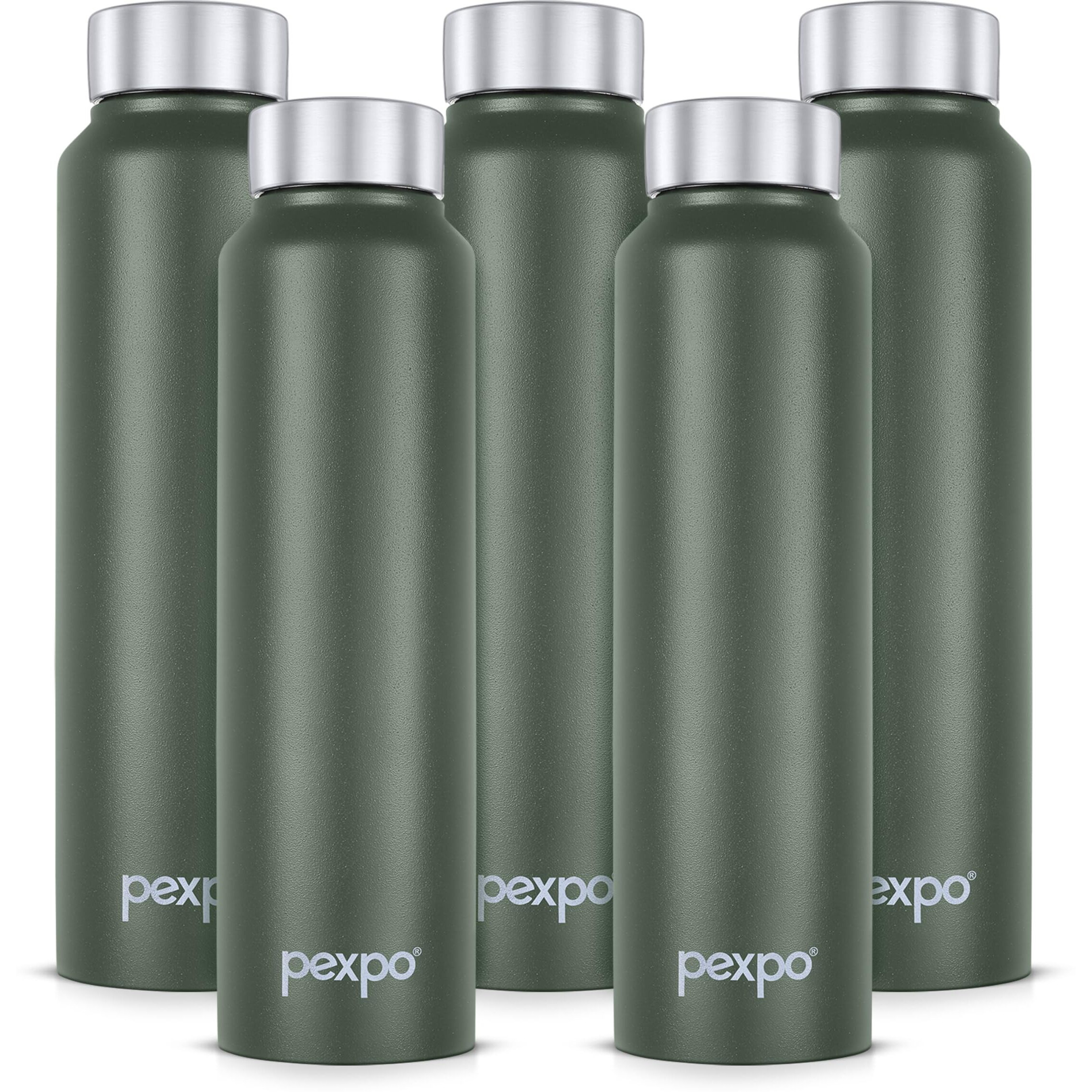 Pexpo Chromo Stainless Steel Sports/Fridge Water Bottle 1 Litre, Military Green Pack Of 5 | Eco Friendly | Bpa Free | Water Bottle For Office, Gym, School, Yoga, Trekking, Men, Women And Kids