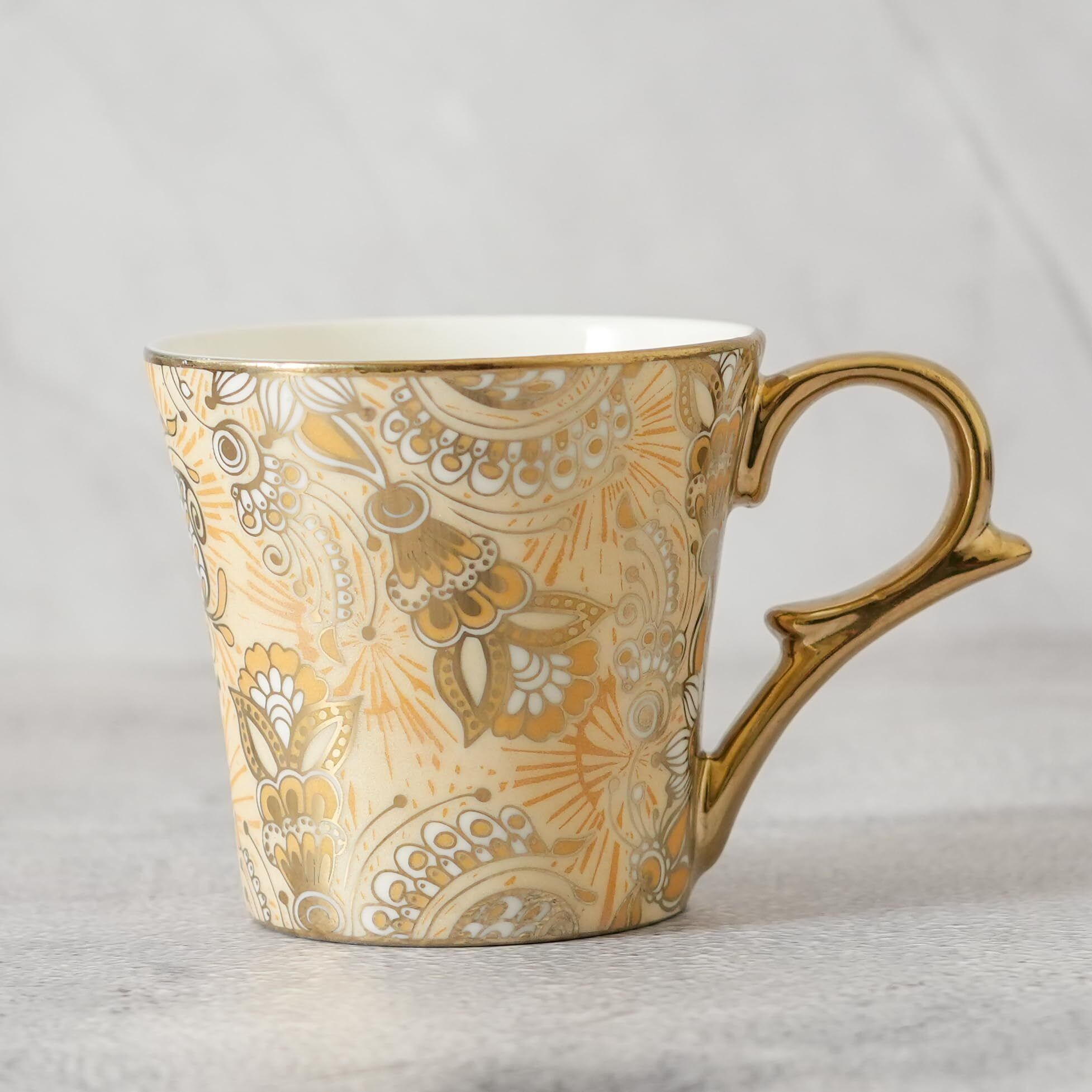 Femora Bridal Mahendi Gold Print Ceramic Tea And Coffee Mugs, (180 Ml, Golden) - 6 Pcs Set (Not Microwave Safe)