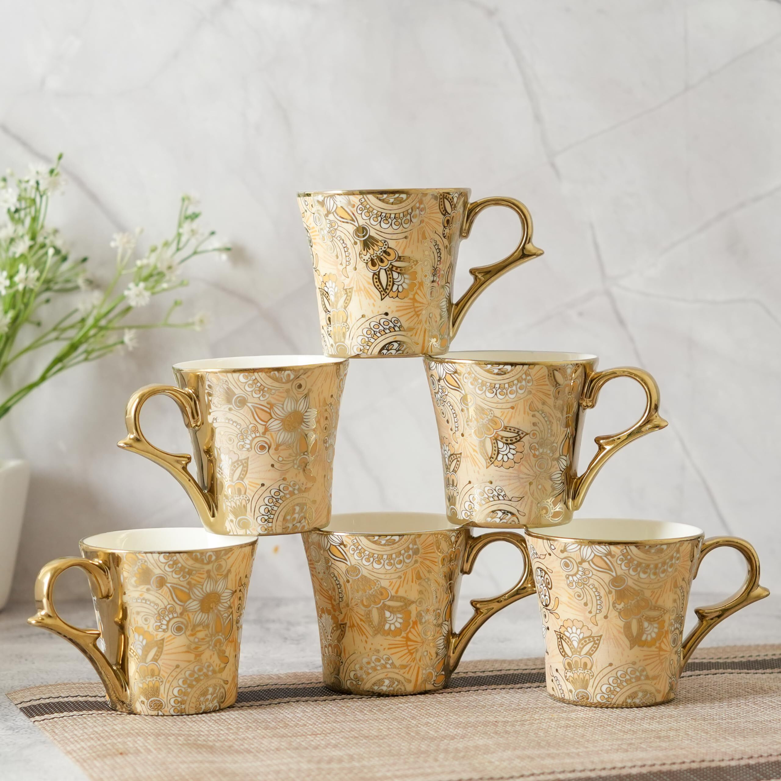 Femora Bridal Mahendi Gold Print Ceramic Tea And Coffee Mugs, (180 Ml, Golden) - 6 Pcs Set (Not Microwave Safe)