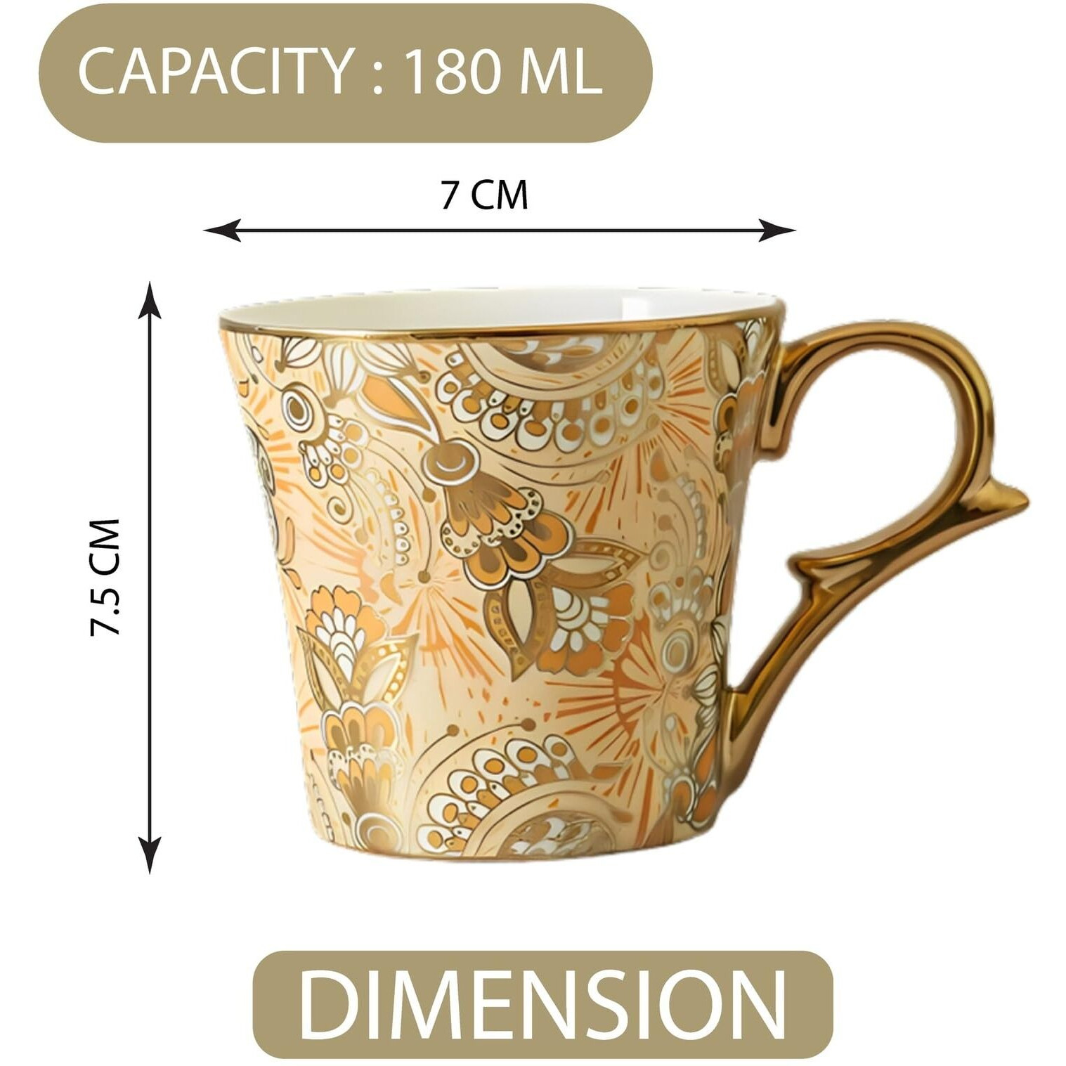 Femora Bridal Mahendi Gold Print Ceramic Tea And Coffee Mugs, (180 Ml, Golden) - 6 Pcs Set (Not Microwave Safe)
