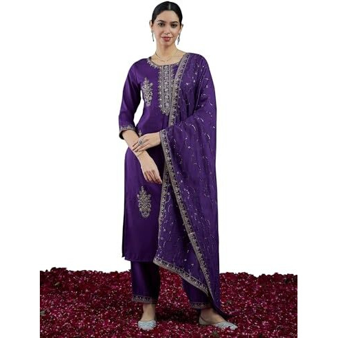 Indo Era Cotton Women's Embroidered Straight Kurta And Pant With Dupatta Set (Kh9Pr7955_Xx-Large)