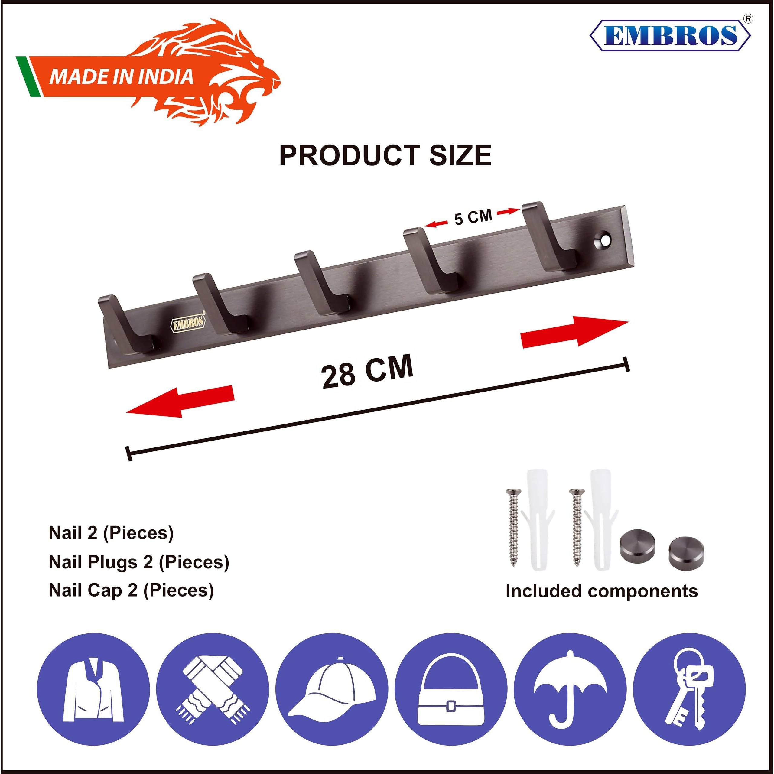 Embros Brass Wall Hooks - Entryway Coat Rack With 5 Hooks - Durable Metal Hanger For Bathroom, Towels, Clothes, Hats, Keys - Wall Mounted Robe Hooks Holder - Organizer For Home, Kitchen, Bedroom