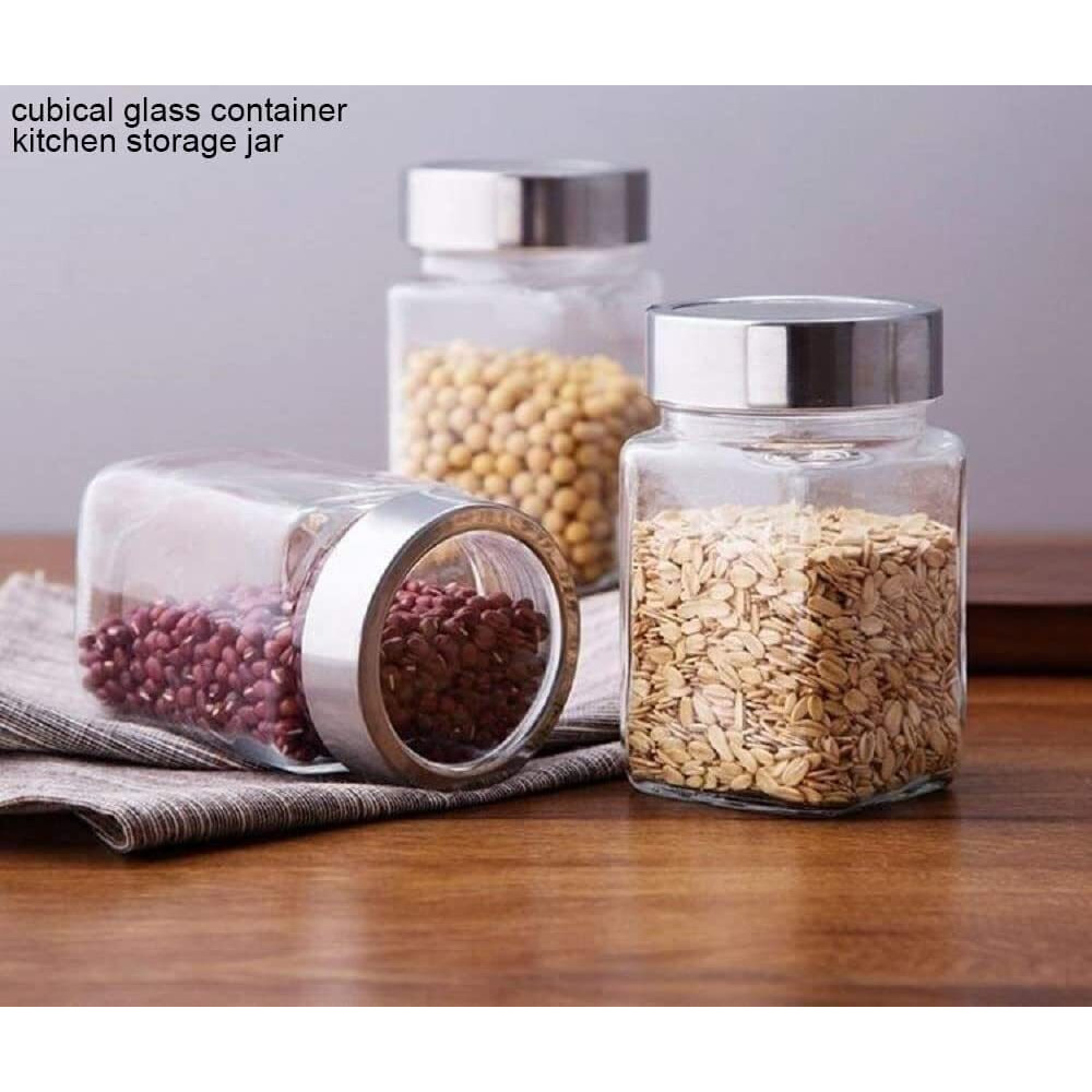 Feelopie Piramal Glass Square Clear Jars&Containers For Kitchen Pantry,Snacks,Masala,Honey,Pickles,Cookies,Dry Fruits,&Coffee Beans Storage With Stainless Steel Lid (Cube Jar) (300Ml,Set Of 6)