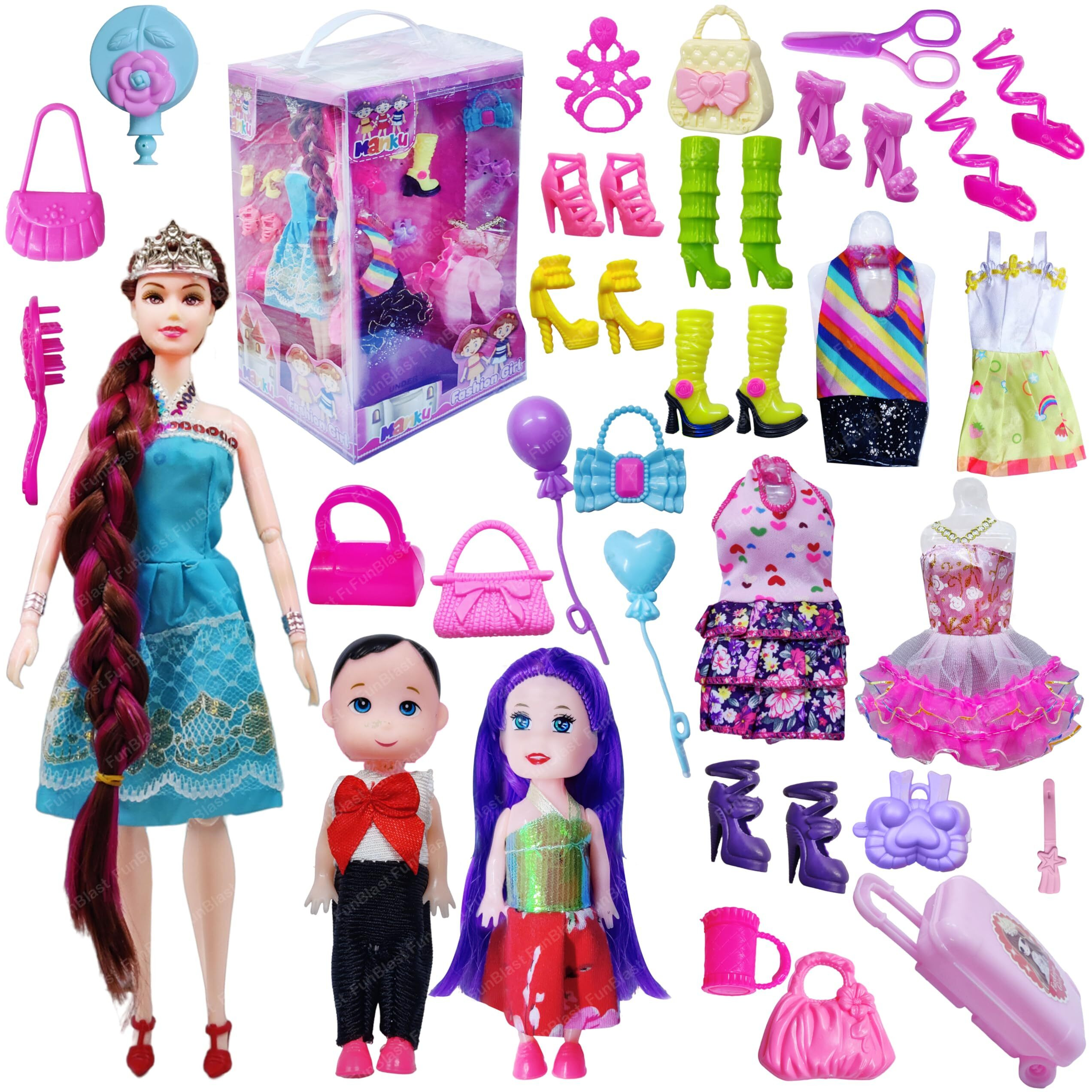 Funblast Dolls Set For Girls, Doll With Long Hair, Doll With Dress And Sandals, Toys For Girls, Cute Doll, Pretend Role Play Toys For Girls, Realistic Dolls For Girls, Doll Accessories  Random Color
