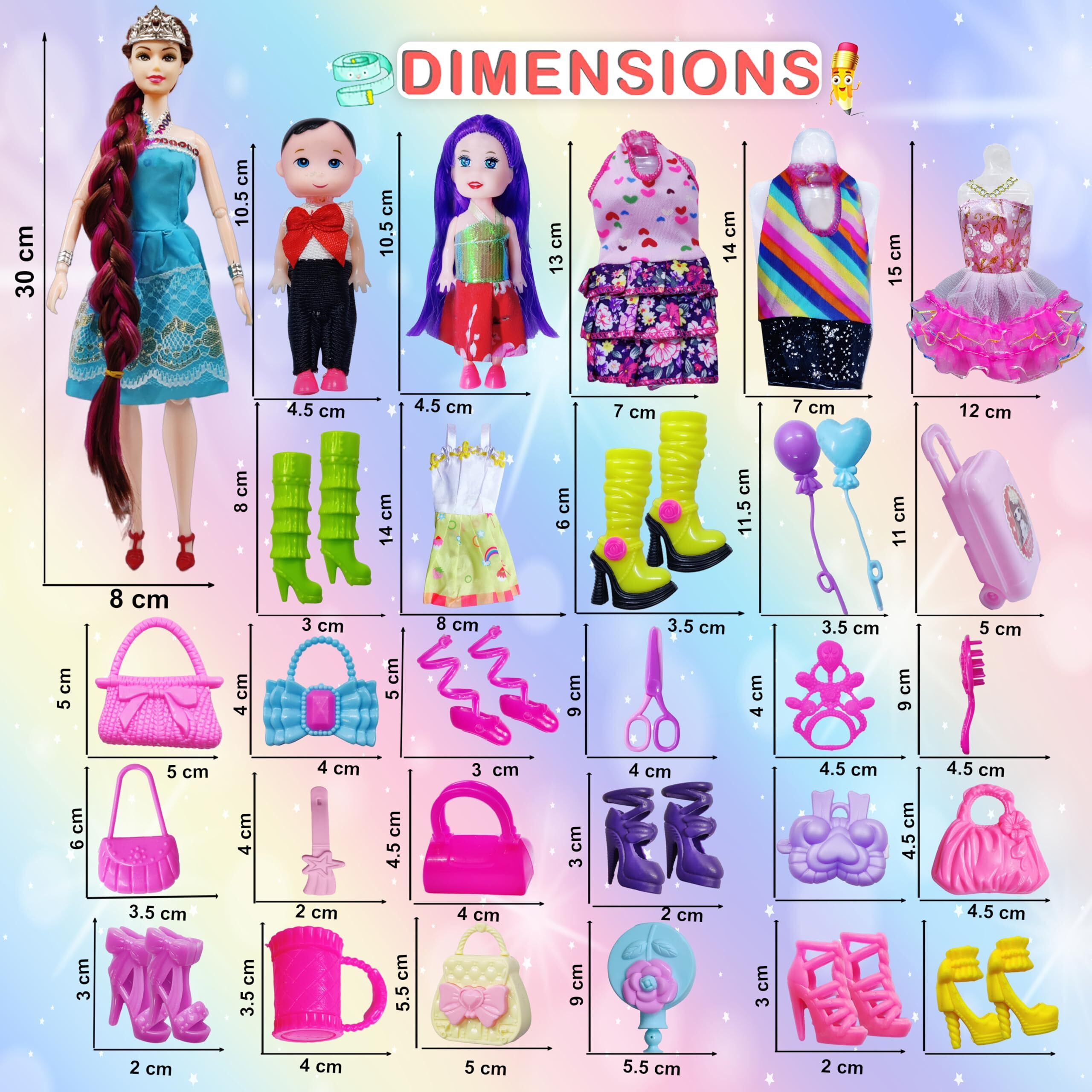 Funblast Dolls Set For Girls, Doll With Long Hair, Doll With Dress And Sandals, Toys For Girls, Cute Doll, Pretend Role Play Toys For Girls, Realistic Dolls For Girls, Doll Accessories  Random Color
