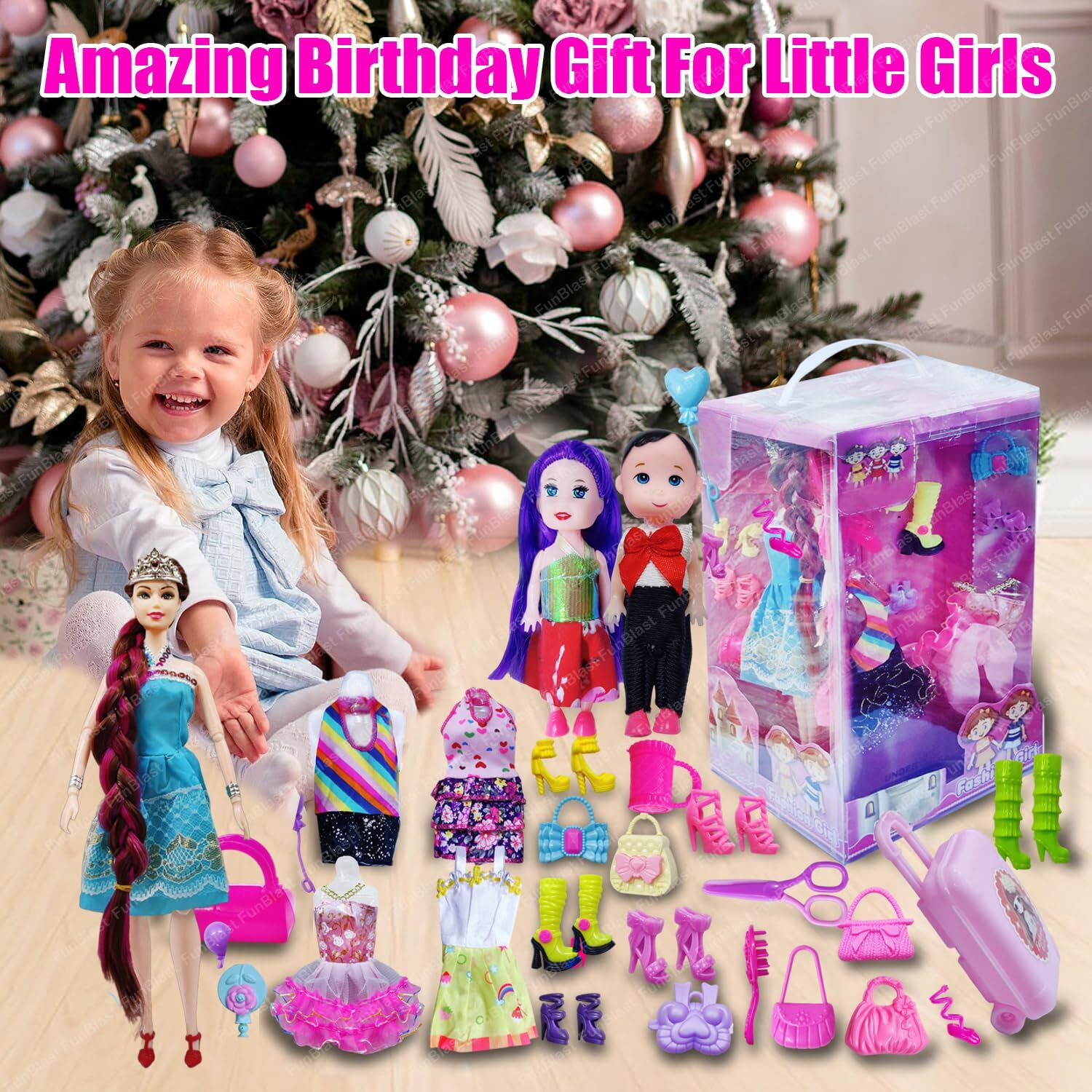 Funblast Dolls Set For Girls, Doll With Long Hair, Doll With Dress And Sandals, Toys For Girls, Cute Doll, Pretend Role Play Toys For Girls, Realistic Dolls For Girls, Doll Accessories  Random Color