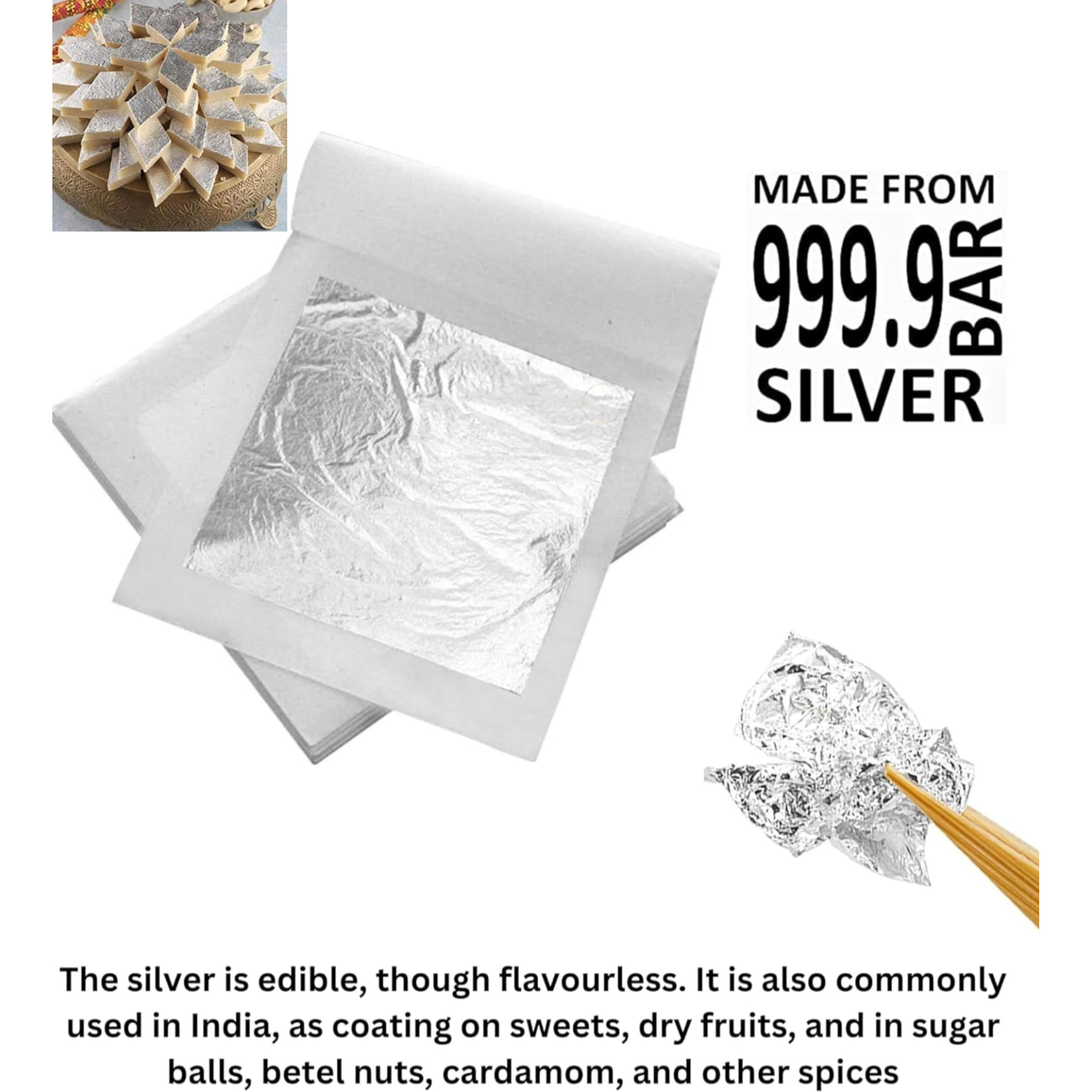 Edible Silver Leaf 99.9% Pure Silver Leaf, Chandi Varakh Foils 15Pcs 6'' X 4'' For Sweets Deco, Cake Baking Chocolate, Supari, Ayurvedic Medicine, Decoration, Beauty Face Kits, Painting Art Crafts